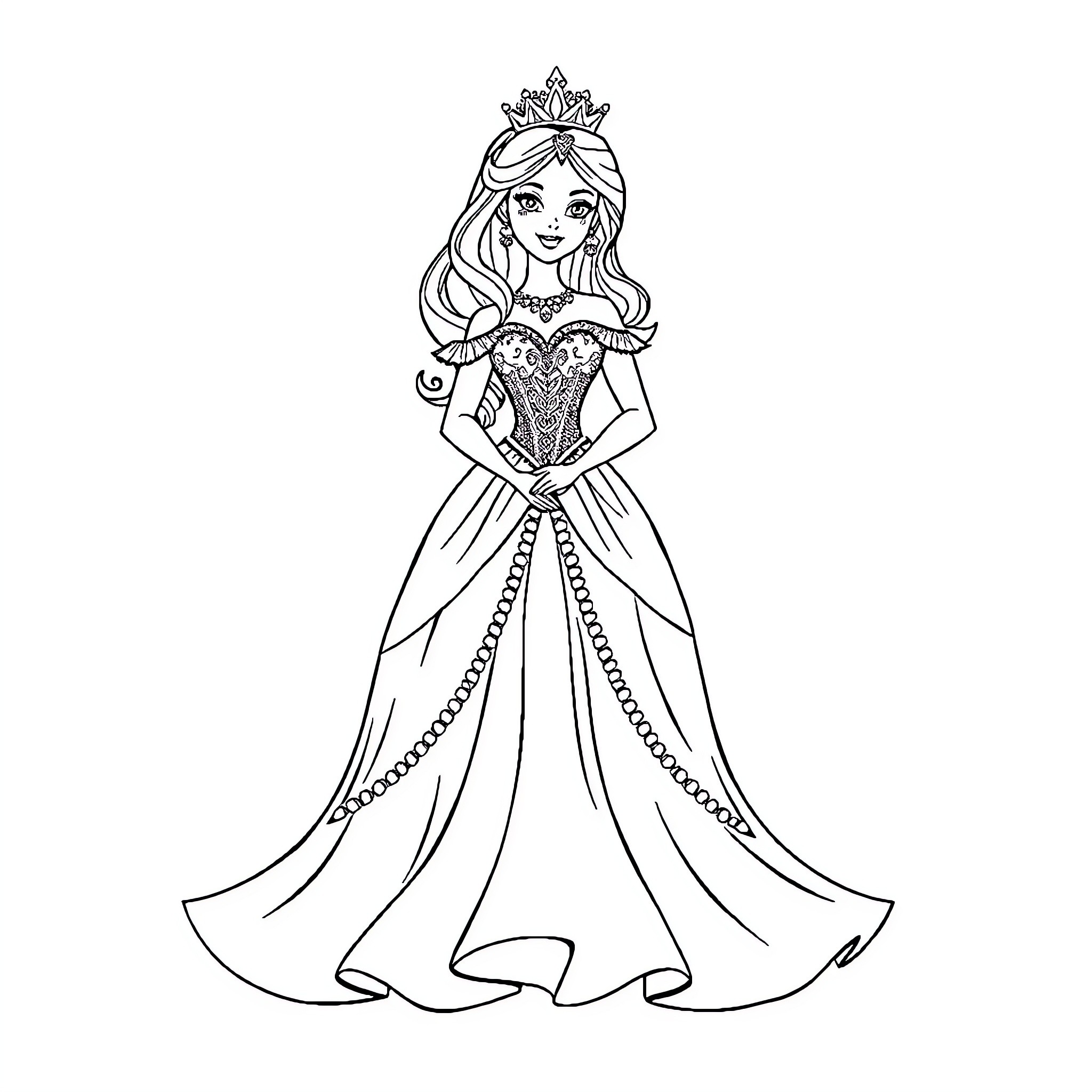 Princess in Elegant Gown and Crown Coloring Page (free black-and-white line drawing printable PDF for all, from beginners to advanced learners, including children, teens, adults, and seniors)