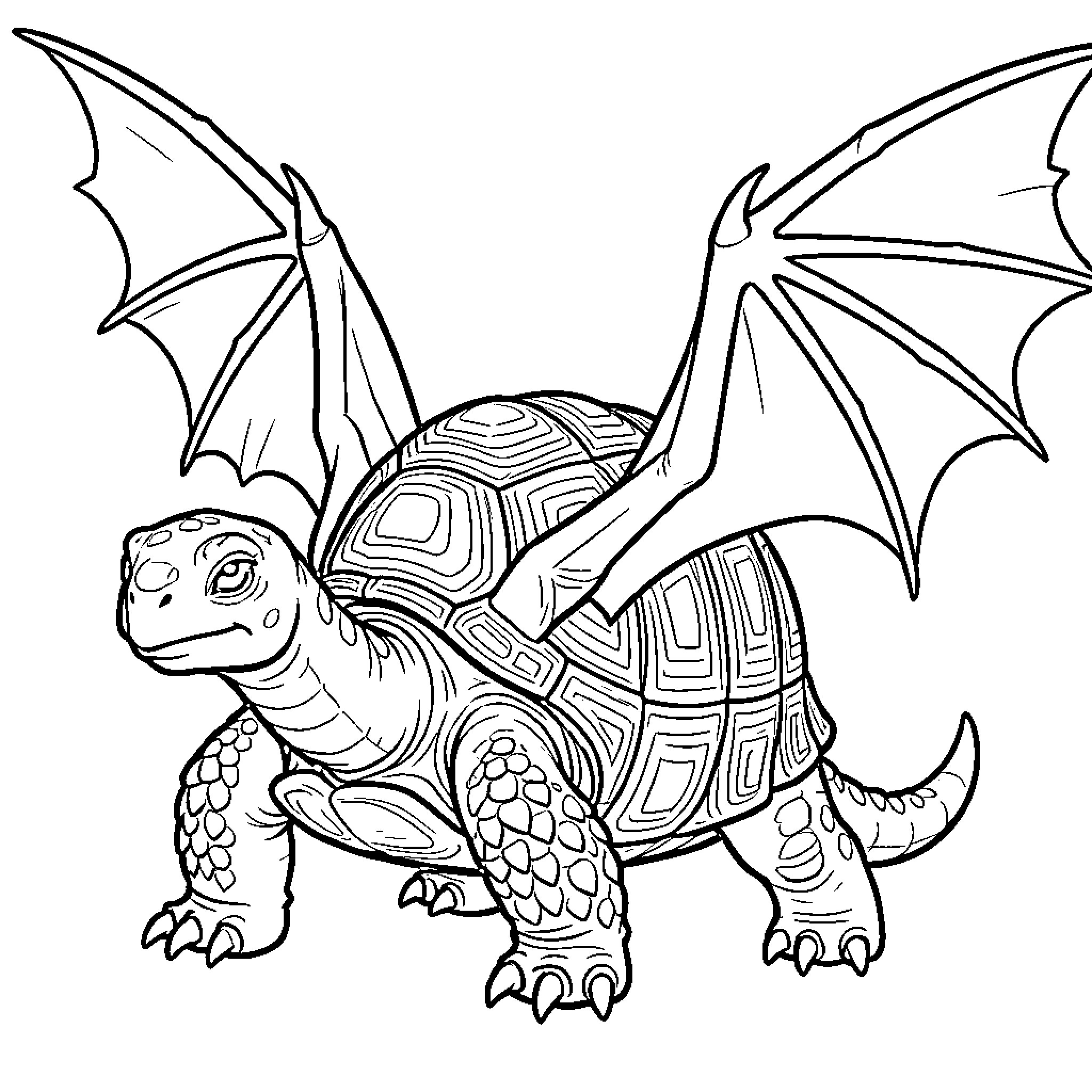 Dragon Turtle standing majestically with large wings Coloring Page (free black-and-white line drawing printable PDF for all, from beginners to advanced learners, including children, teens, adults, and seniors)