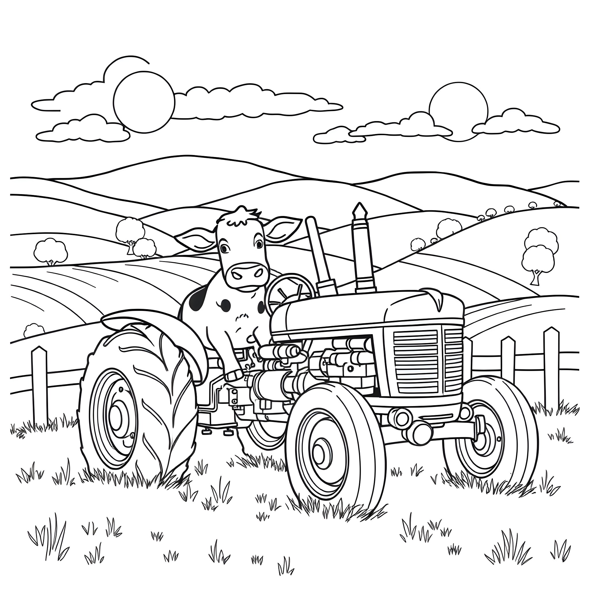 Cow operating a tractor in a rural landscape Coloring Page (free black-and-white line drawing printable PDF for all, from beginners to advanced learners, including children, teens, adults, and seniors)