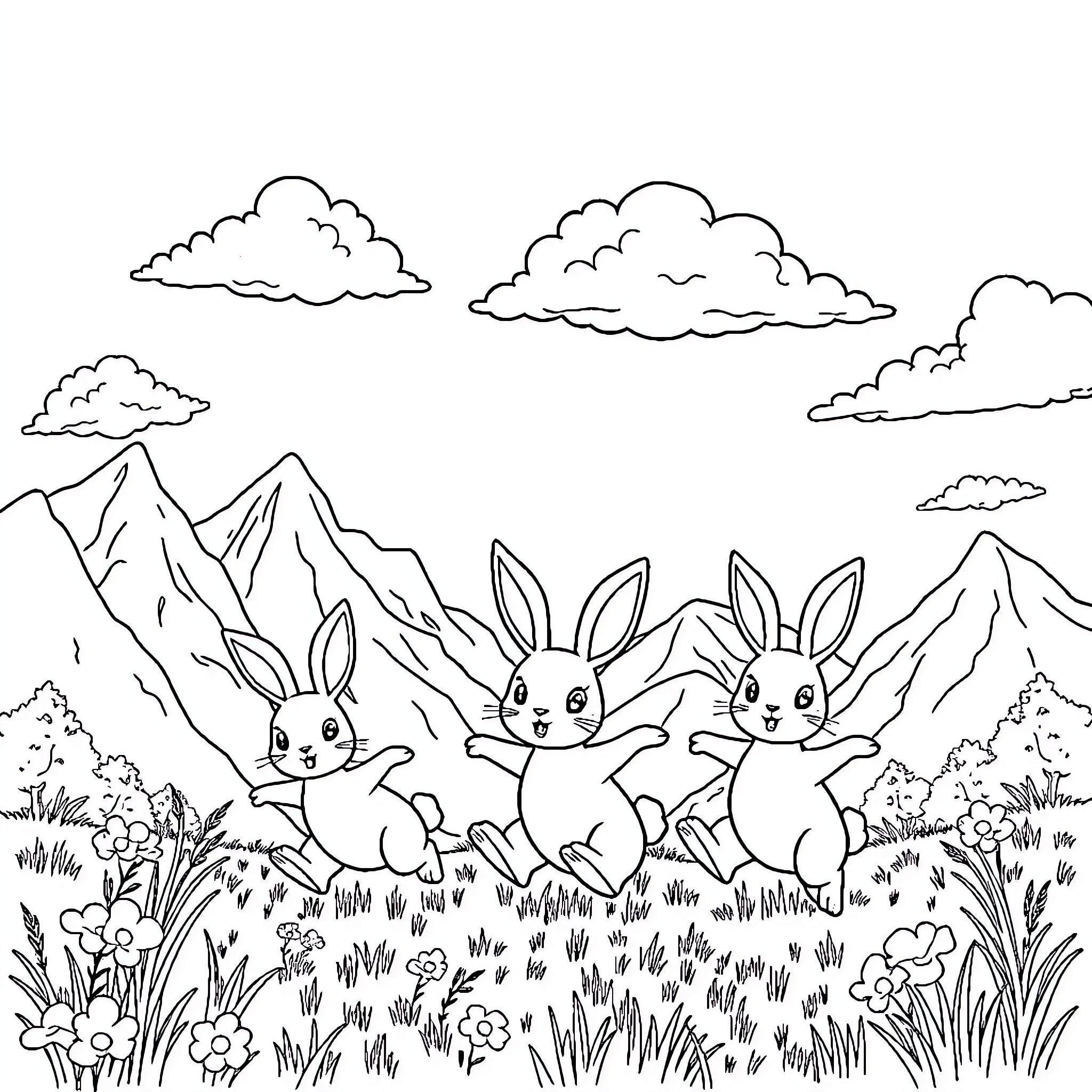 Bunny Trio Hopping Through Flowery Meadow Coloring Page (free black-and-white line drawing printable PDF for all, from beginners to advanced learners, including children, teens, adults, and seniors)