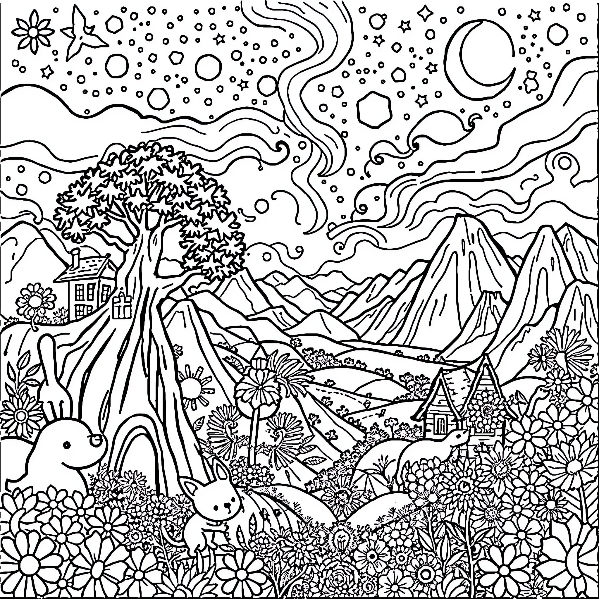 Dandy Whimsical Landscape with Charming Details Coloring Page (free black-and-white line drawing printable PDF for all, from beginners to advanced learners, including children, teens, adults, and seniors)