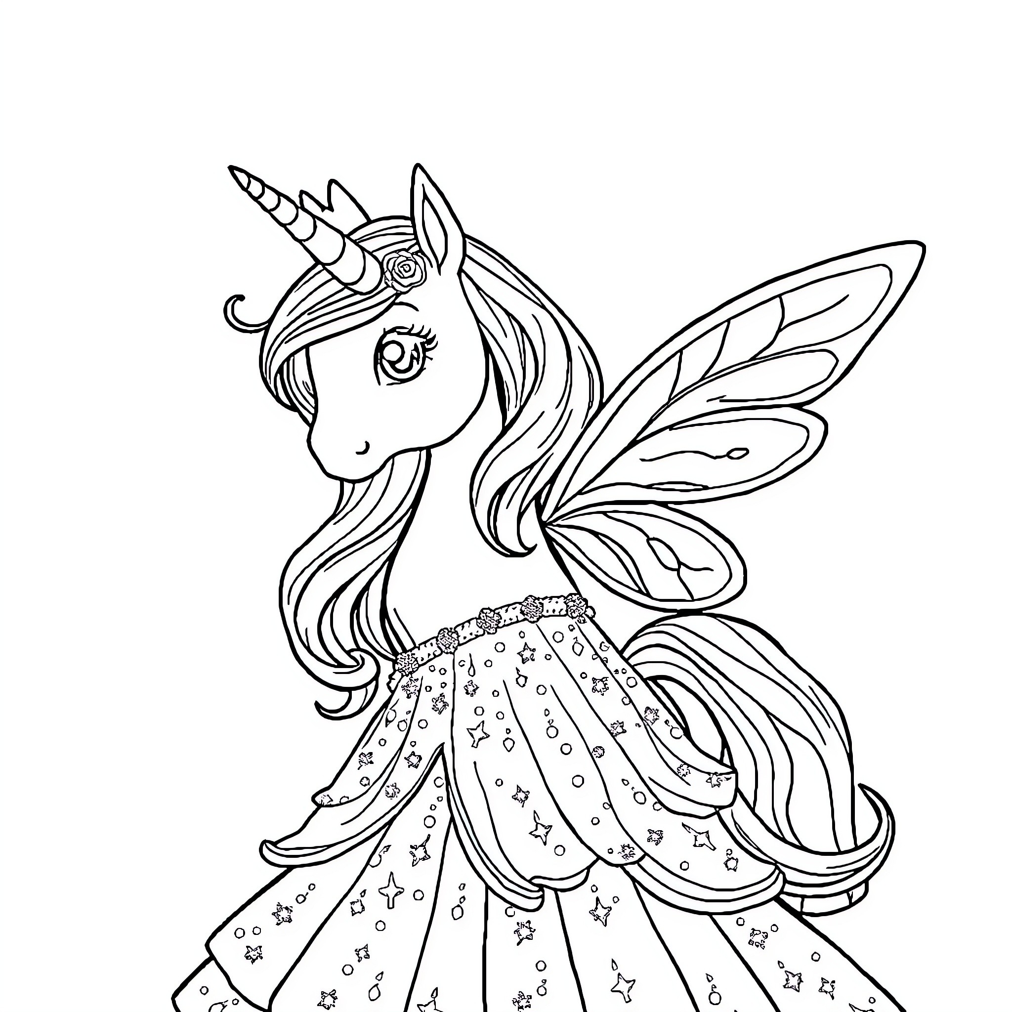 Unicorn fairy with magical wings and flowing hair Coloring Page (free black-and-white line drawing printable PDF for all, from beginners to advanced learners, including children, teens, adults, and seniors)