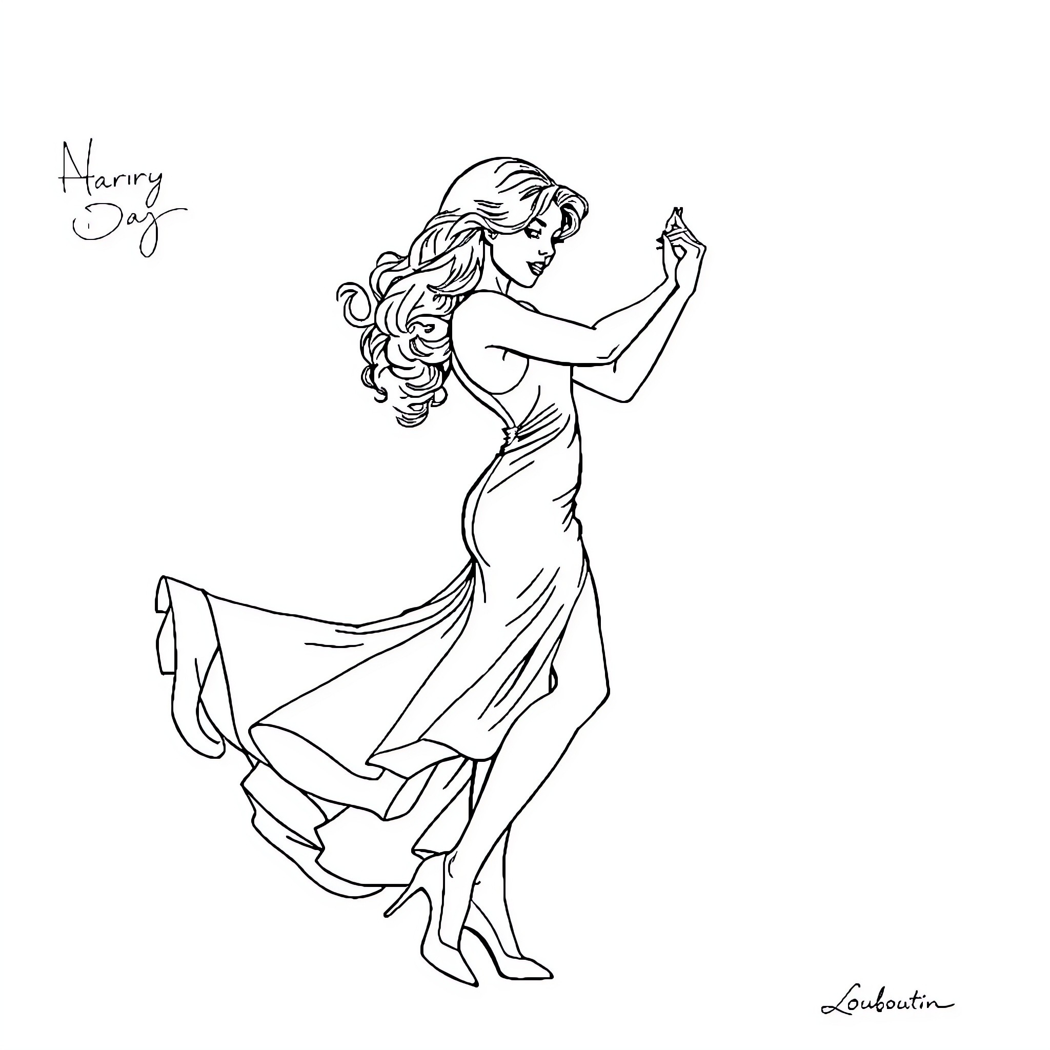 Siren dancing elegantly in flowing dress Coloring Page (free black-and-white line drawing printable PDF for all, from beginners to advanced learners, including children, teens, adults, and seniors)