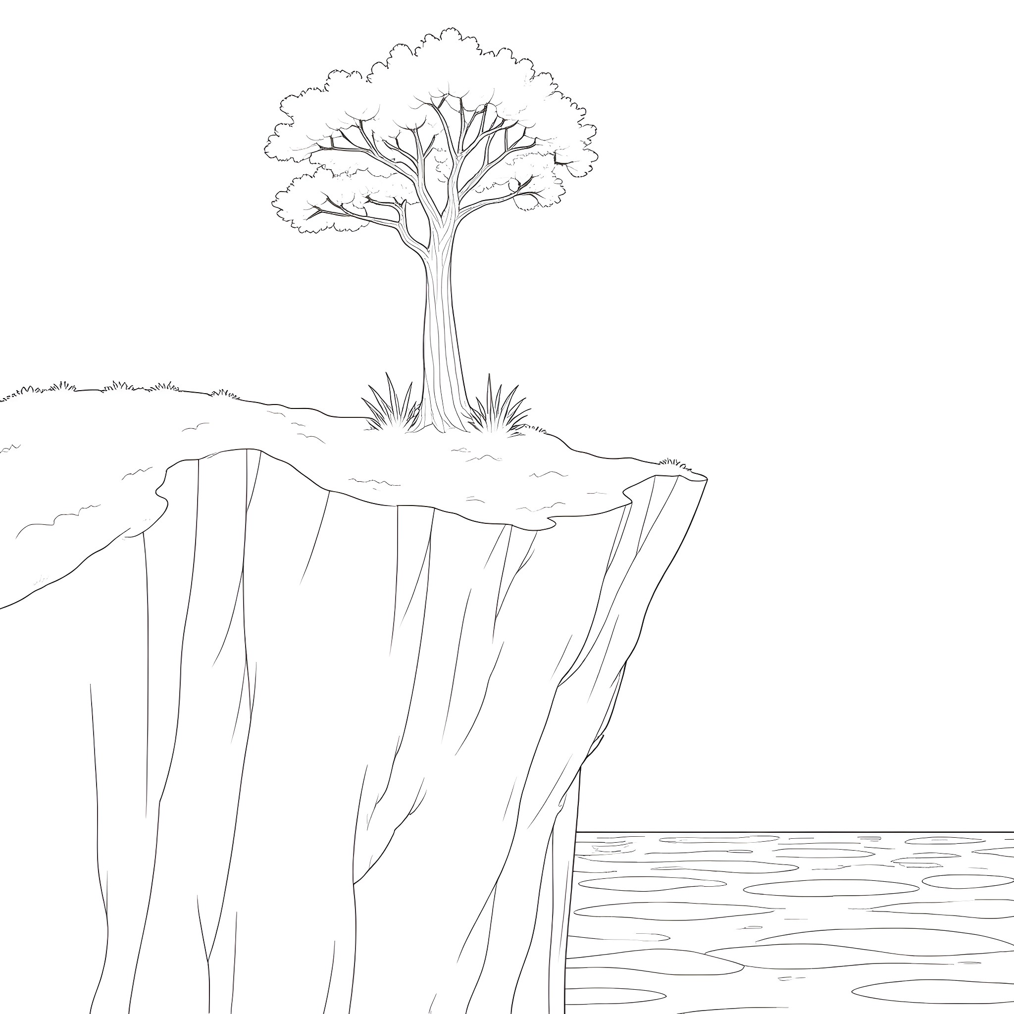 Tree growing on a cliff overlooking the ocean Coloring Page (free black-and-white line drawing printable PDF for all, from beginners to advanced learners, including children, teens, adults, and seniors)