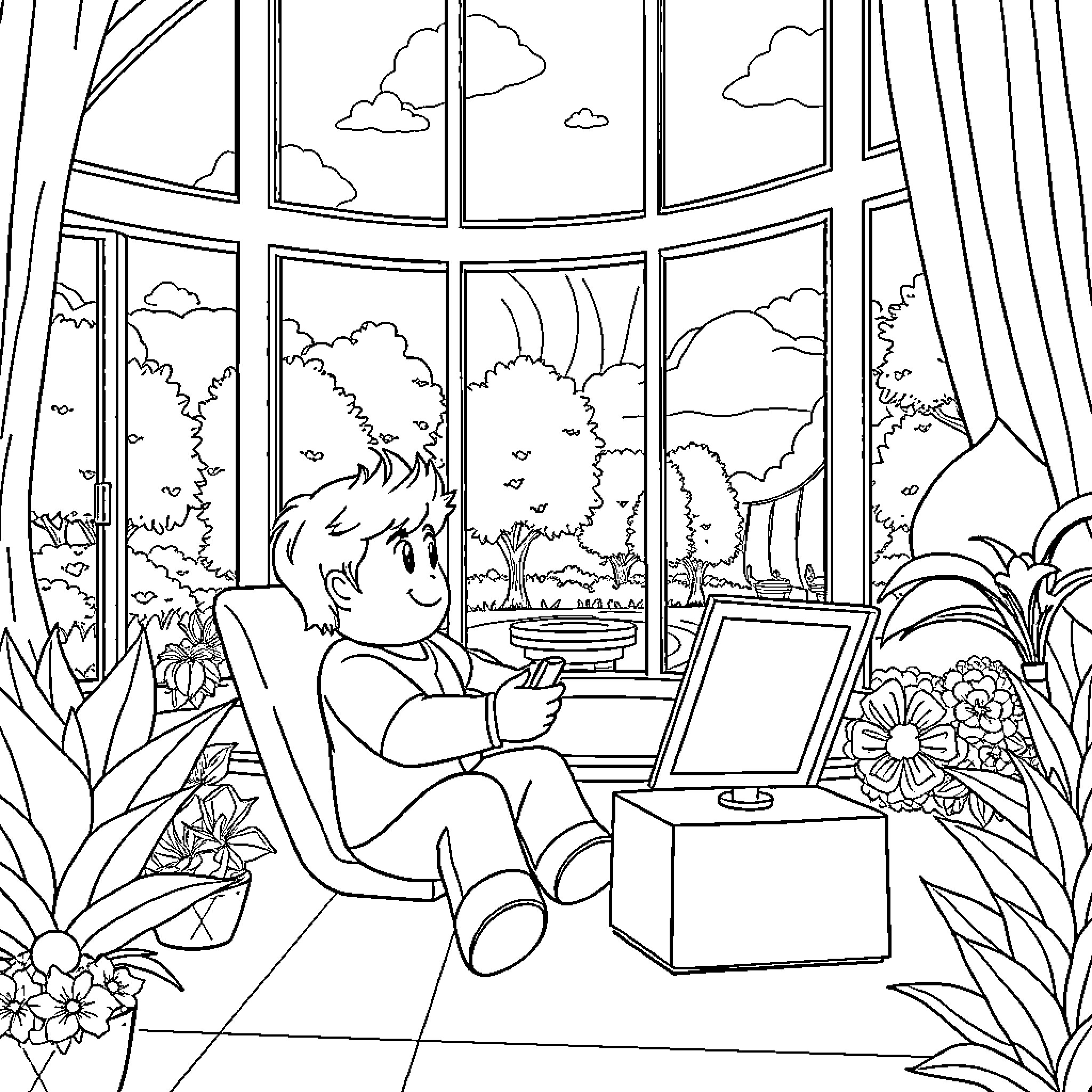 Niño drawing and exploring nature through the window Coloring Page (free black-and-white line drawing printable PDF for all, from beginners to advanced learners, including children, teens, adults, and seniors)