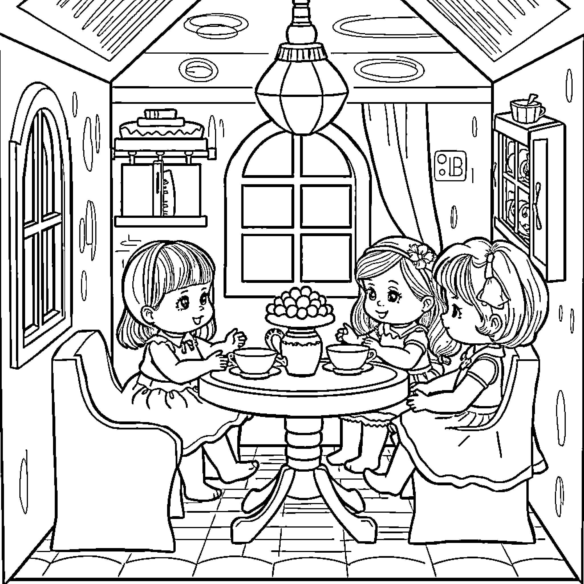 Doll Friends Having a Cozy Tea Party Coloring Page (free black-and-white line drawing printable PDF for all, from beginners to advanced learners, including children, teens, adults, and seniors)