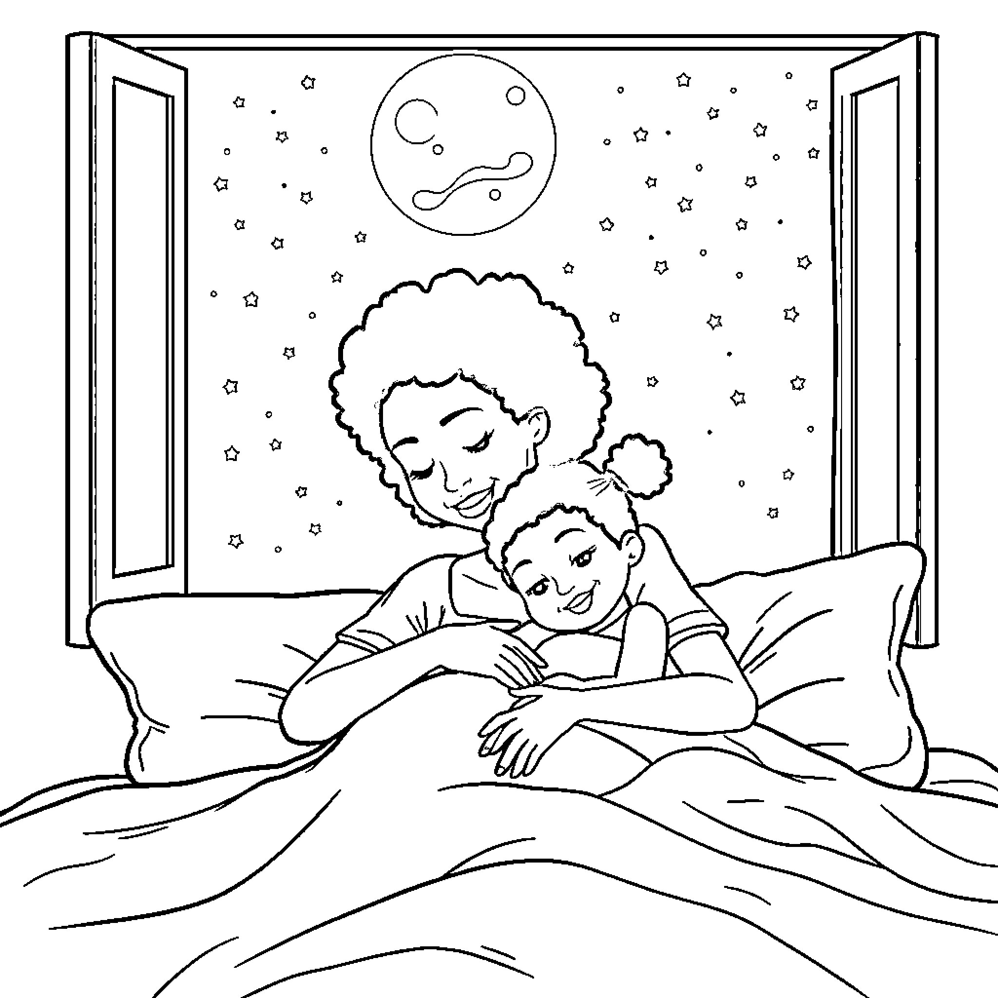 Mother comforts child on a starry night Coloring Page (free black-and-white line drawing printable PDF for all, from beginners to advanced learners, including children, teens, adults, and seniors)