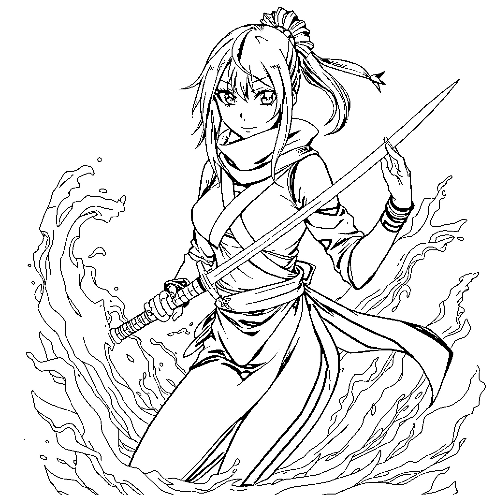 Ninja warrior wielding sword in dramatic pose Coloring Page (free black-and-white line drawing printable PDF for all, from beginners to advanced learners, including children, teens, adults, and seniors)