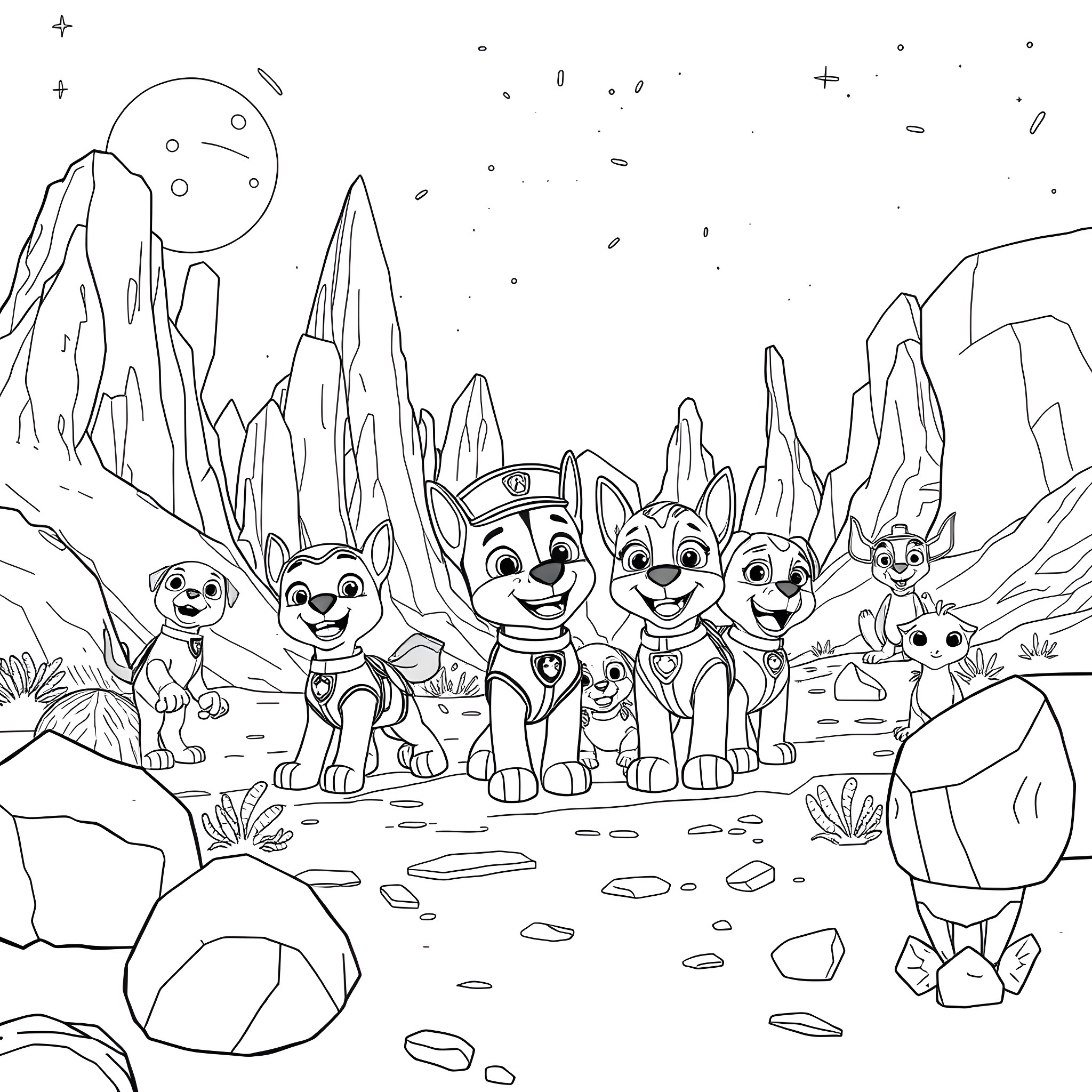 Paw Patrol team on an adventure in the mountains Coloring Page (free black-and-white line drawing printable PDF for all, from beginners to advanced learners, including children, teens, adults, and seniors)