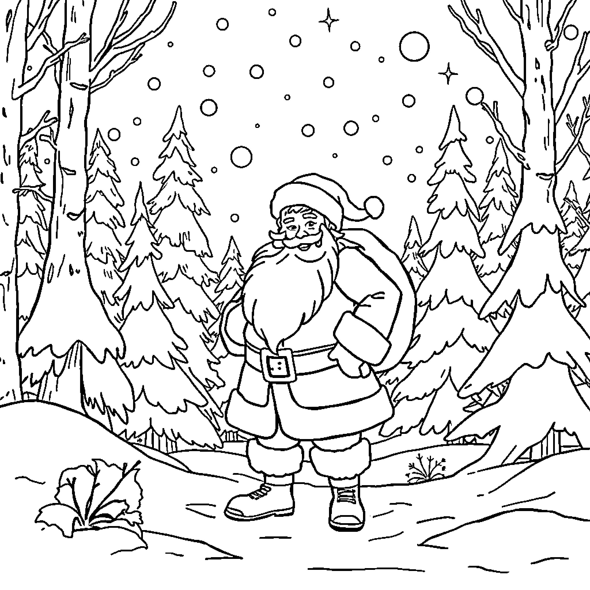 Santa walking through a snowy forest Coloring Page (free black-and-white line drawing printable PDF for all, from beginners to advanced learners, including children, teens, adults, and seniors)