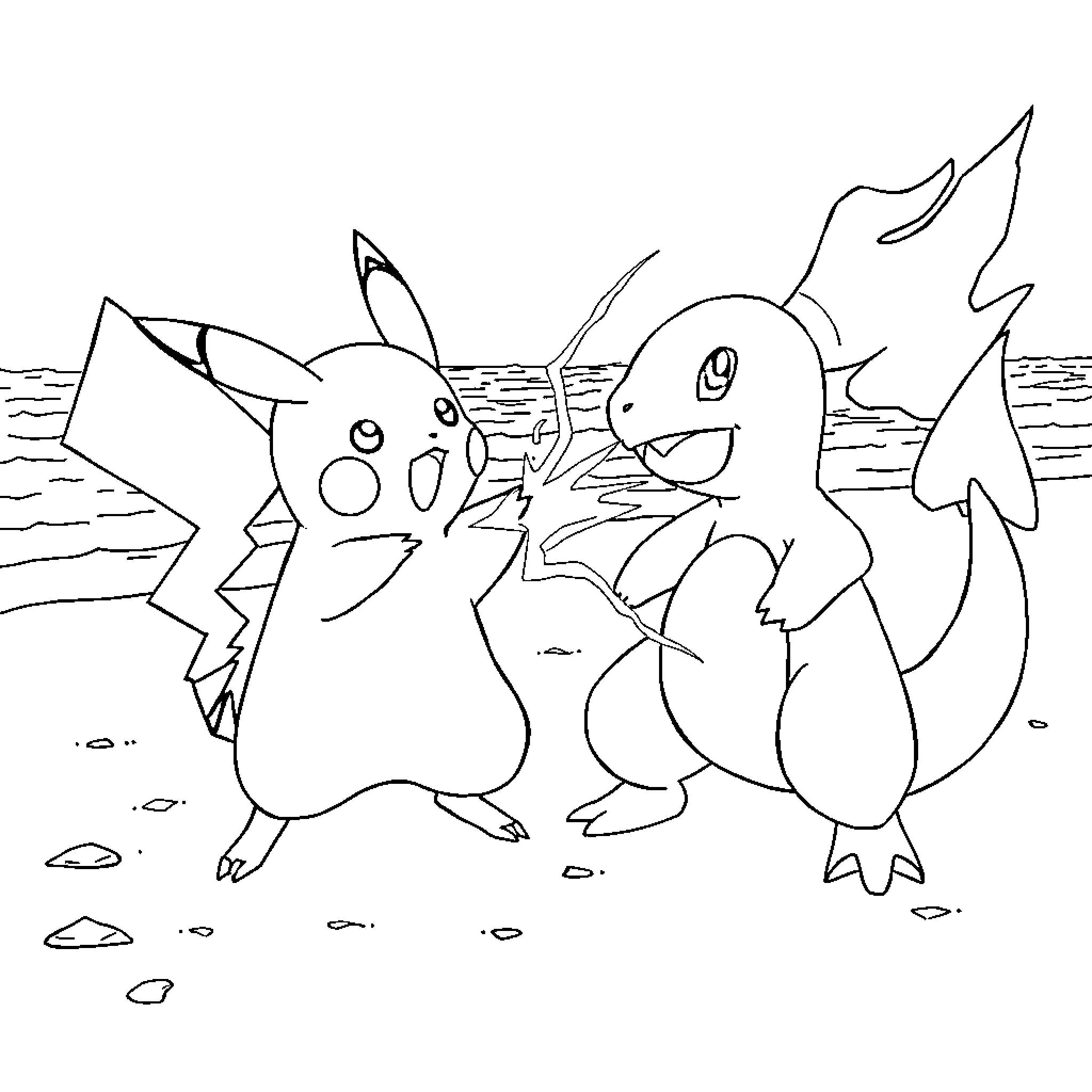 Pikachu and friends exploring the outdoors Coloring Page (free black-and-white line drawing printable PDF for all, from beginners to advanced learners, including children, teens, adults, and seniors)
