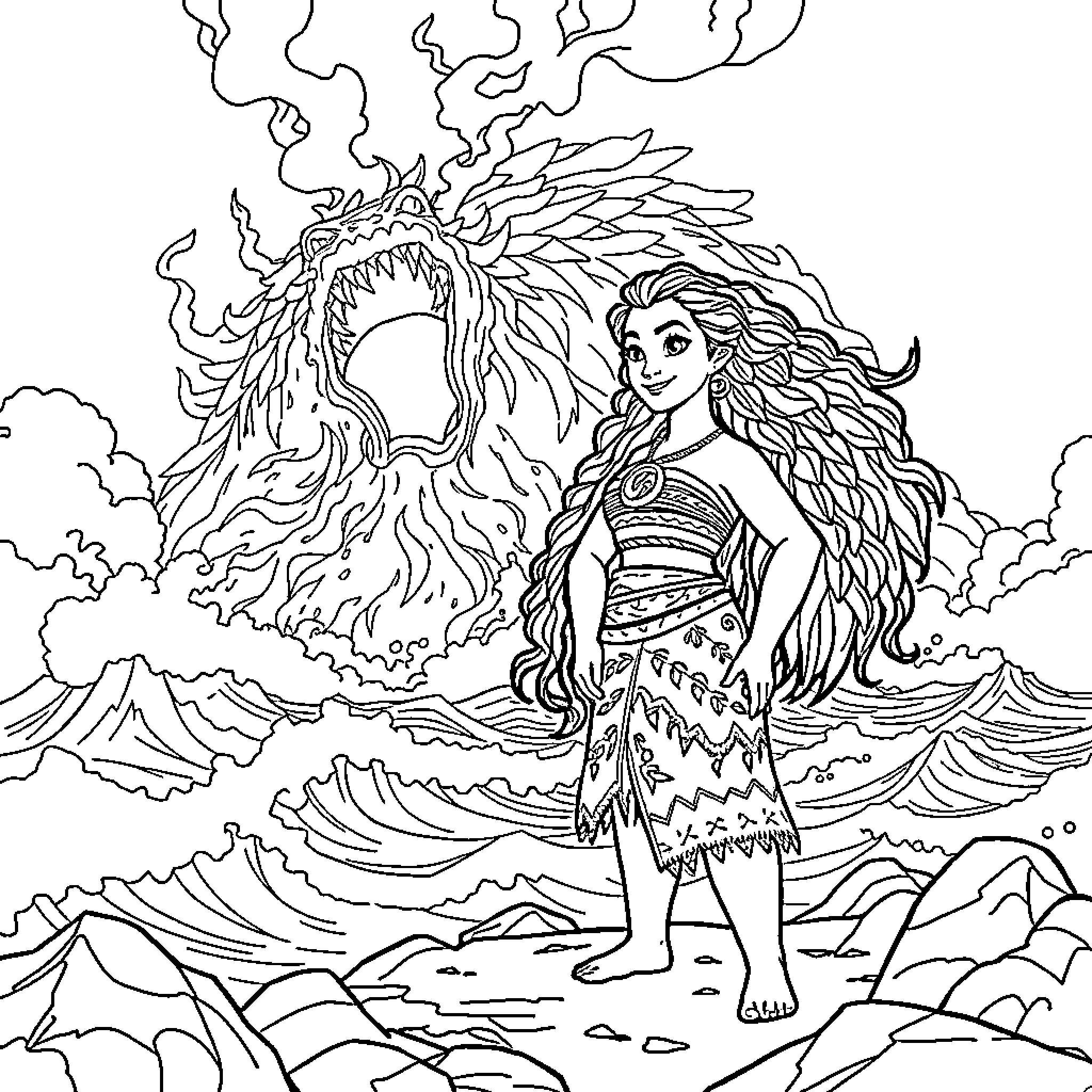 Moana facing a mighty dragon in the ocean Coloring Page (free black-and-white line drawing printable PDF for all, from beginners to advanced learners, including children, teens, adults, and seniors)