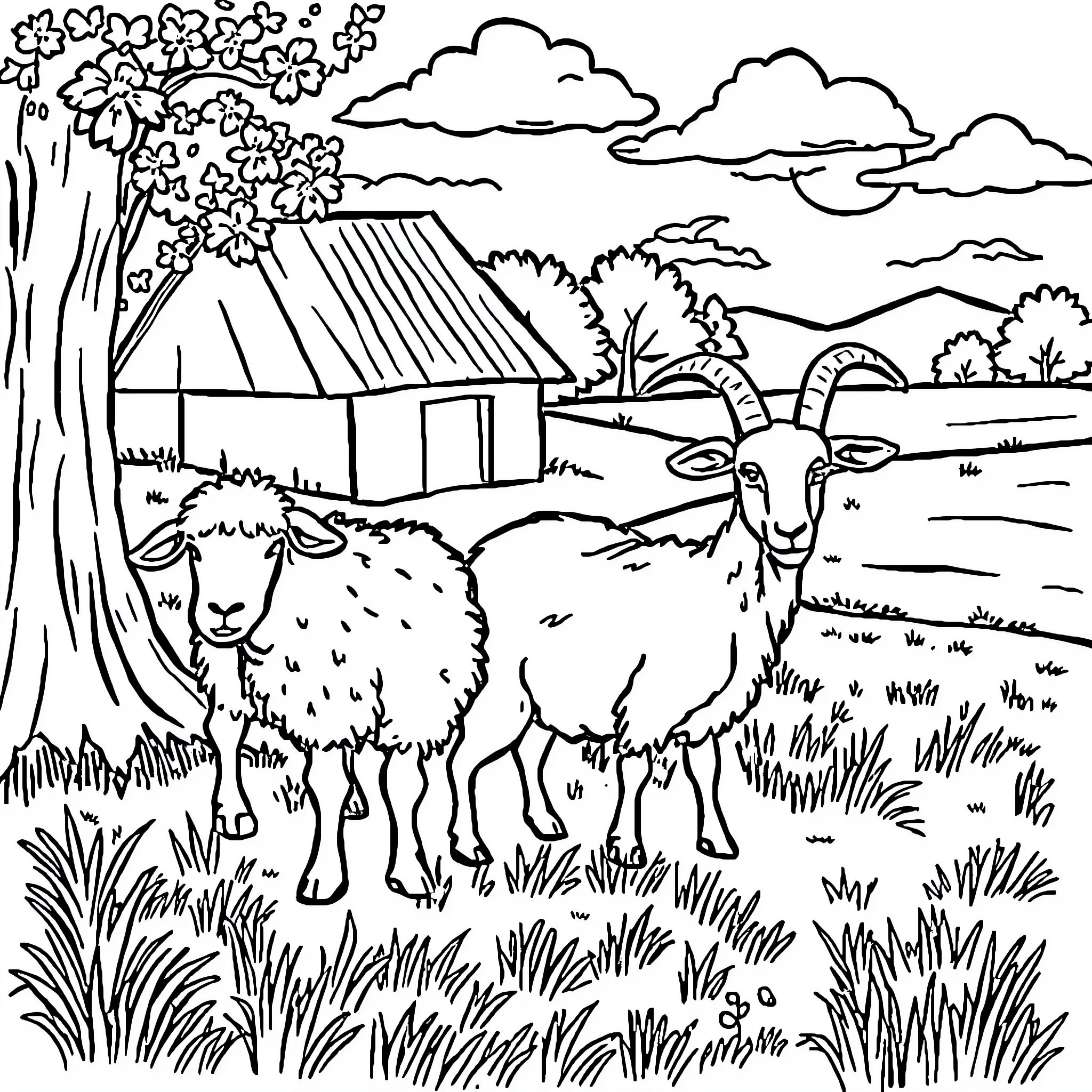 Sheep grazing peacefully in a rustic countryside scene Coloring Page (free black-and-white line drawing printable PDF for all, from beginners to advanced learners, including children, teens, adults, and seniors)