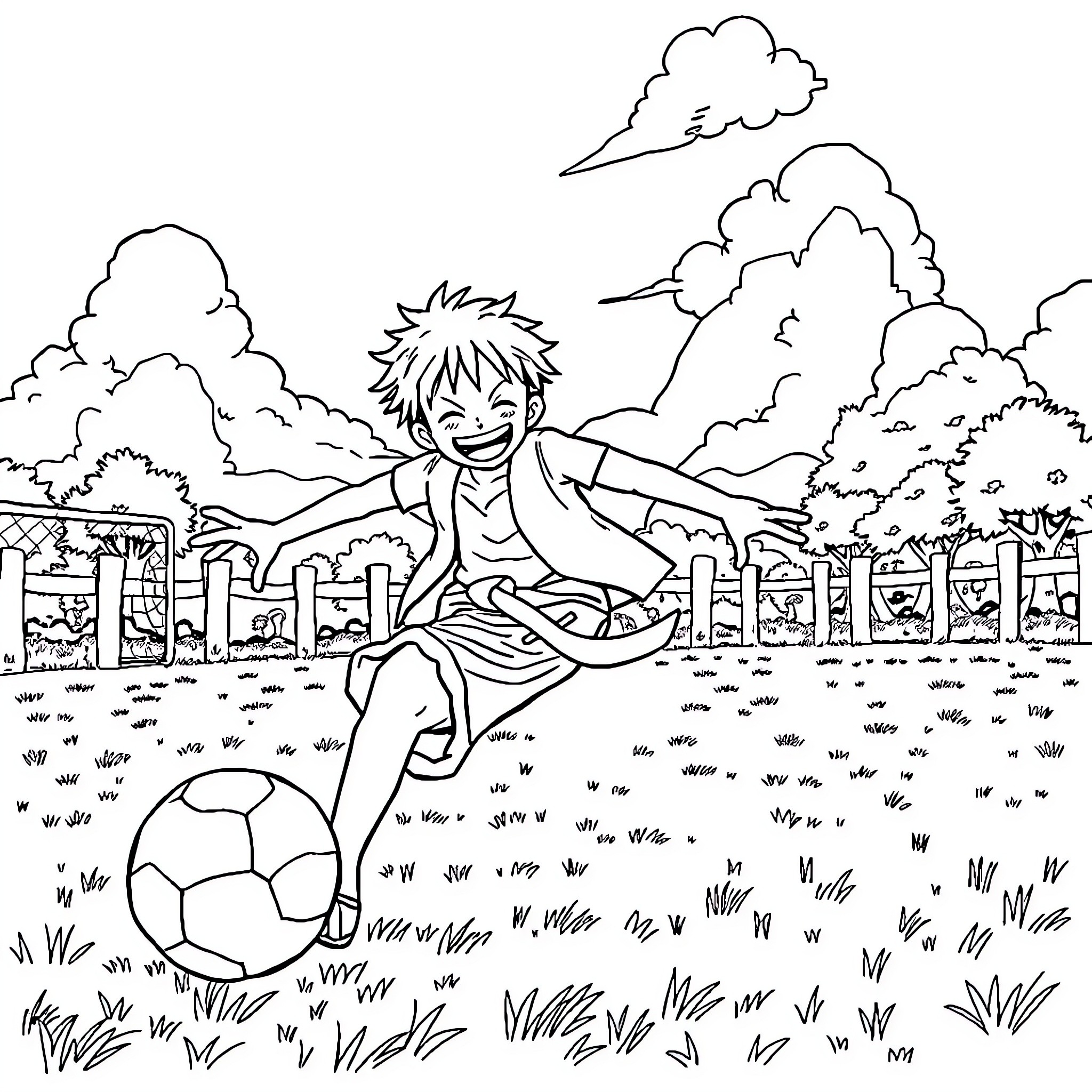 Luffy playing joyfully with a soccer ball in the countryside Coloring Page (free black-and-white line drawing printable PDF for all, from beginners to advanced learners, including children, teens, adults, and seniors)