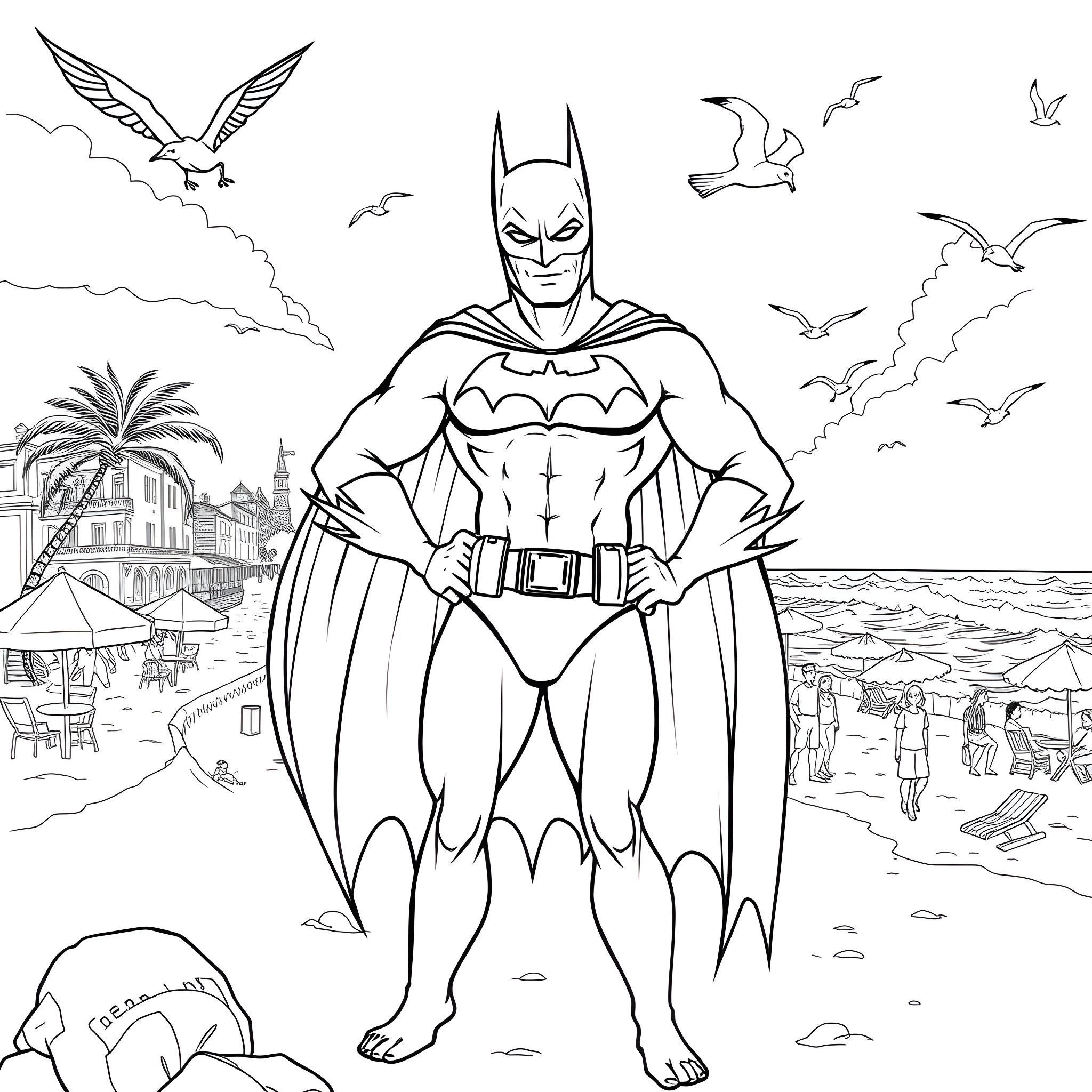 Batman standing heroically on a tropical beach Coloring Page (free black-and-white line drawing printable PDF for all, from beginners to advanced learners, including children, teens, adults, and seniors)