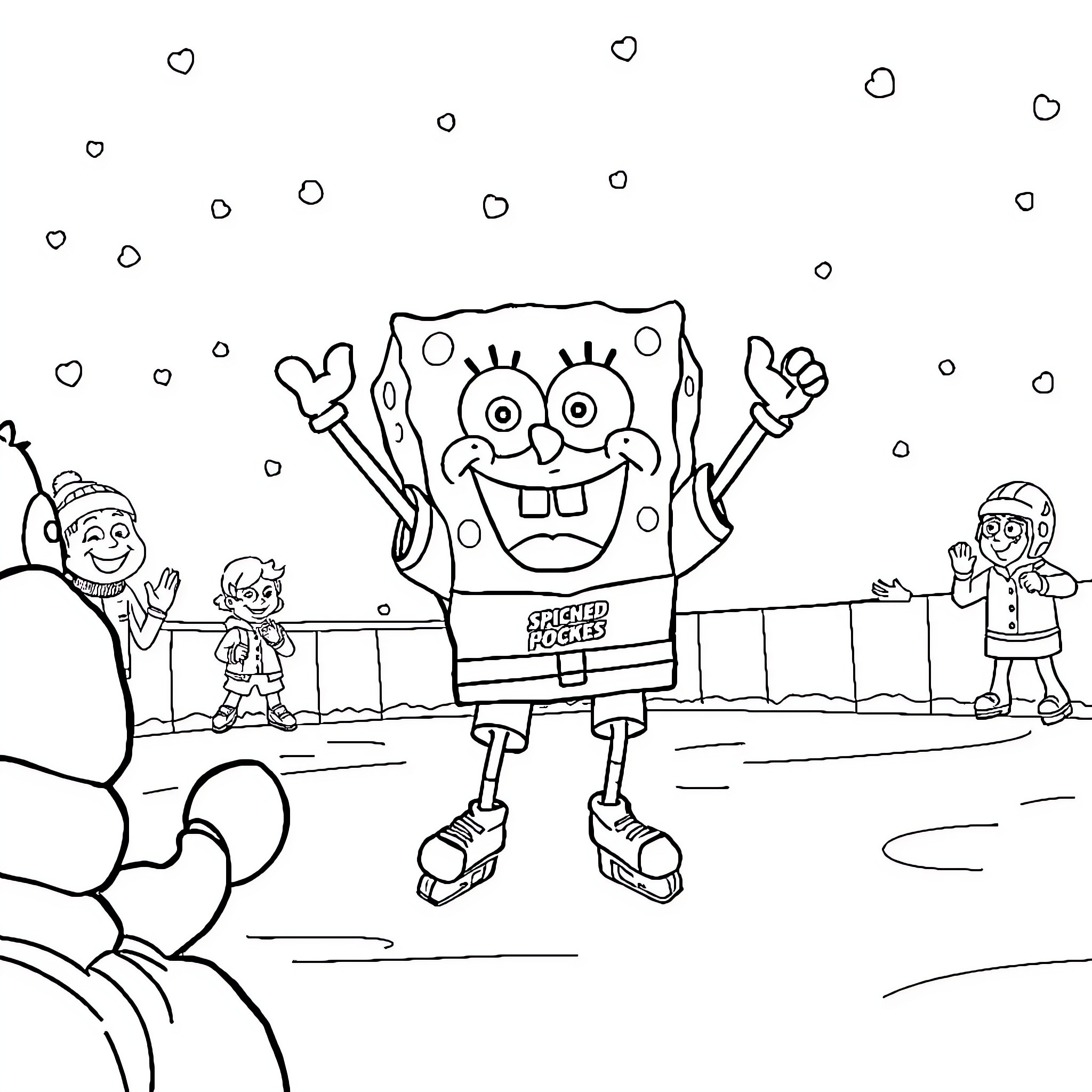 Spongebob and friends celebrate together Coloring Page (free black-and-white line drawing printable PDF for all, from beginners to advanced learners, including children, teens, adults, and seniors)