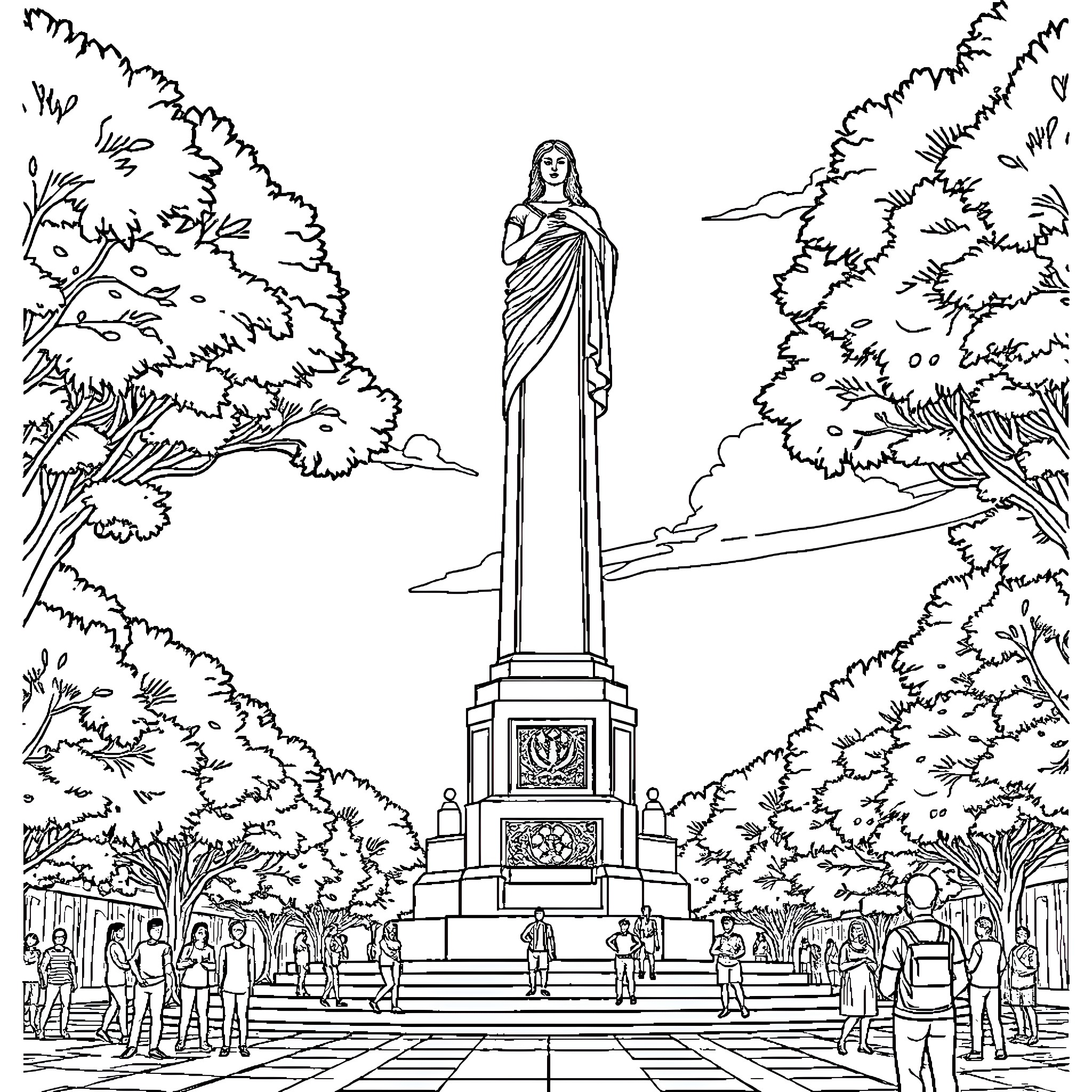 Iracema's Solemn Statue in the Woodland Setting Coloring Page (free black-and-white line drawing printable PDF for all, from beginners to advanced learners, including children, teens, adults, and seniors)
