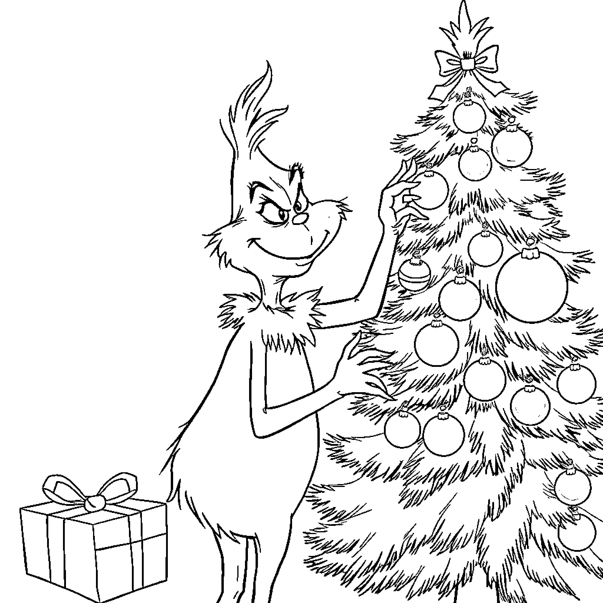 Grinch decorating Christmas tree and holding gift Coloring Page (free black-and-white line drawing printable PDF for all, from beginners to advanced learners, including children, teens, adults, and seniors)