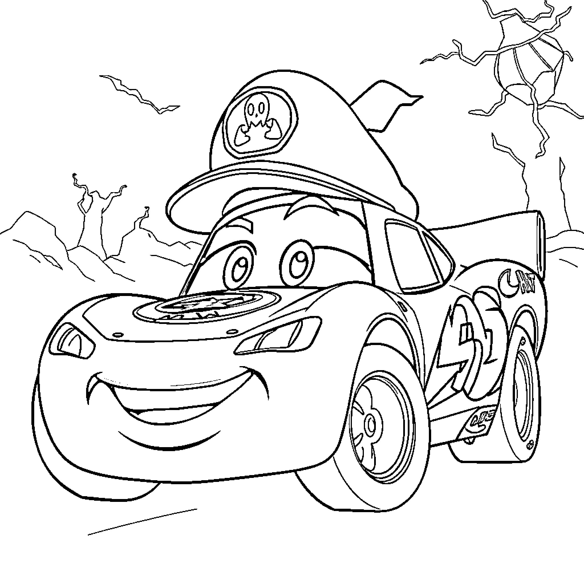 Lightning McQueen racing in the storm Coloring Page (free black-and-white line drawing printable PDF for all, from beginners to advanced learners, including children, teens, adults, and seniors)