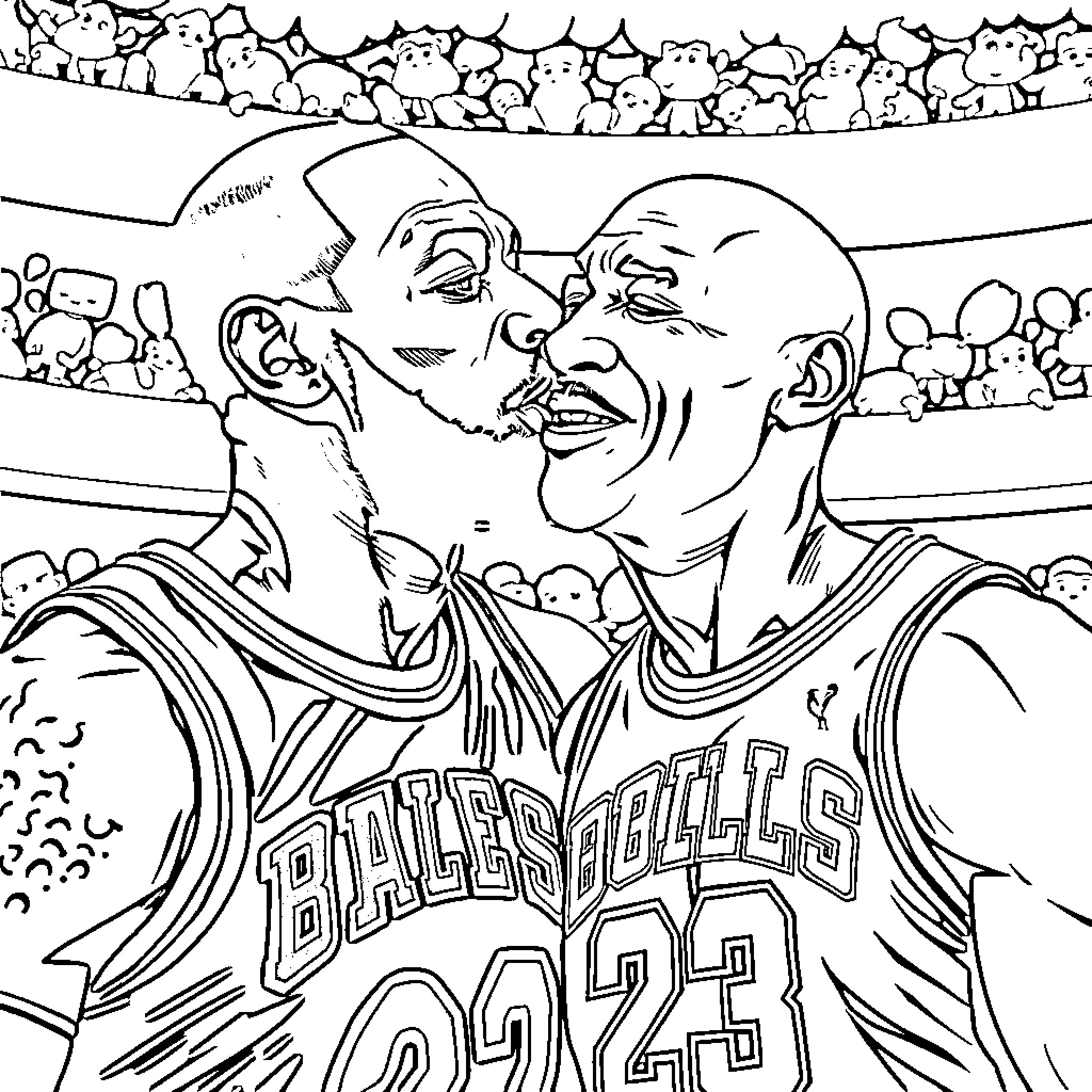 LeBron and Michael Face-Off on the Basketball Court Coloring Page (free black-and-white line drawing printable PDF for all, from beginners to advanced learners, including children, teens, adults, and seniors)
