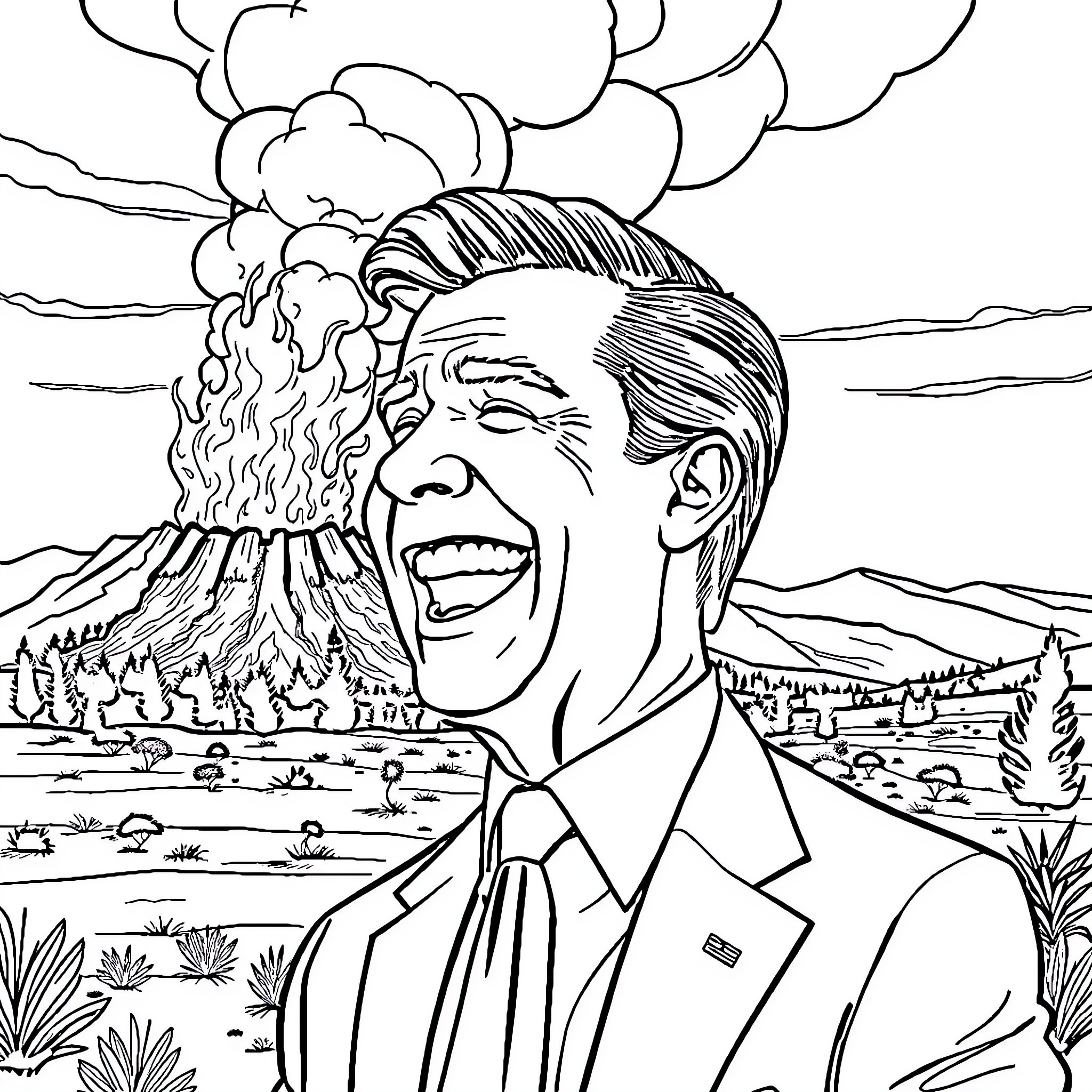 Politician laughing in front of volcanic eruption Coloring Page (free black-and-white line drawing printable PDF for all, from beginners to advanced learners, including children, teens, adults, and seniors)