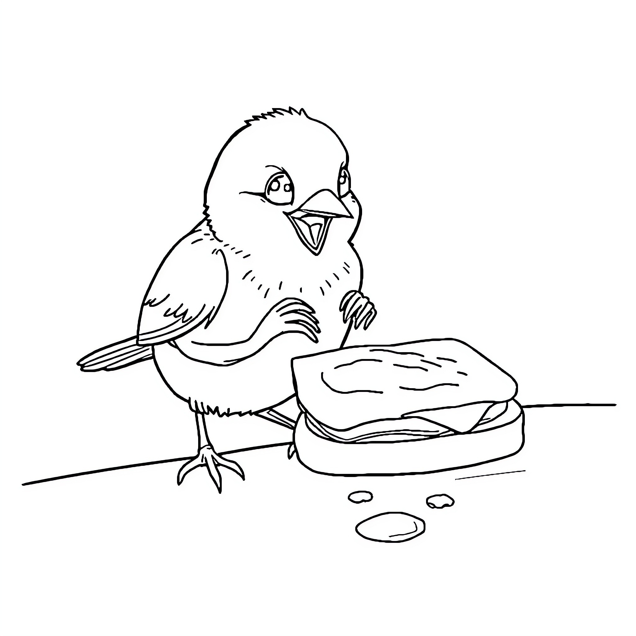 Bird examining a sandwich on the ground Coloring Page (free black-and-white line drawing printable PDF for all, from beginners to advanced learners, including children, teens, adults, and seniors)