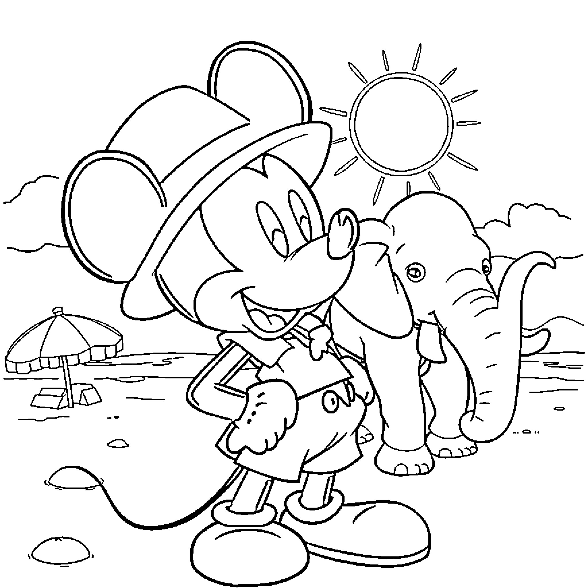 Mickey Mouse enjoying a sunny day at the beach Coloring Page (free black-and-white line drawing printable PDF for all, from beginners to advanced learners, including children, teens, adults, and seniors)