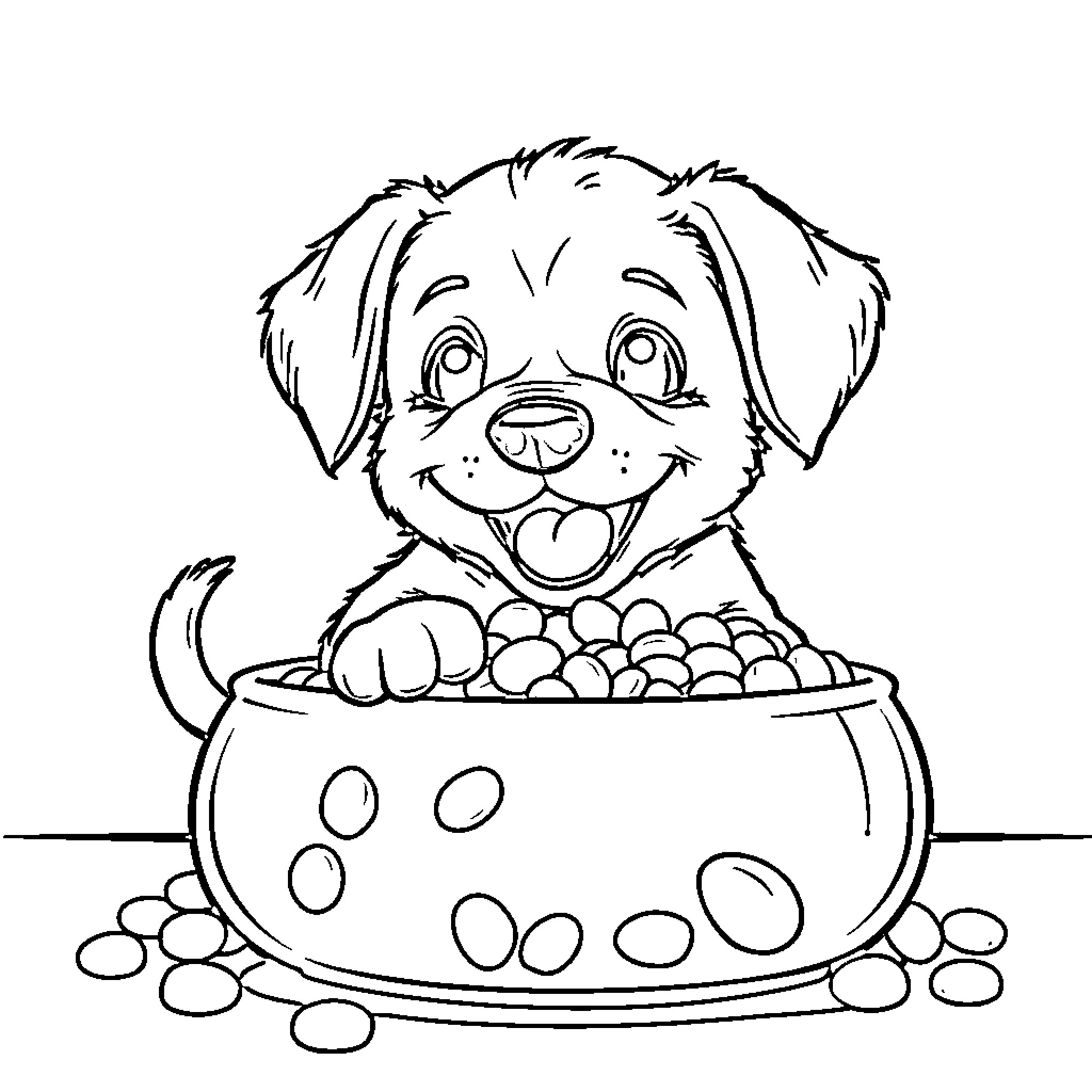 Puppy happily playing with treats in a bowl Coloring Page (free black-and-white line drawing printable PDF for all, from beginners to advanced learners, including children, teens, adults, and seniors)