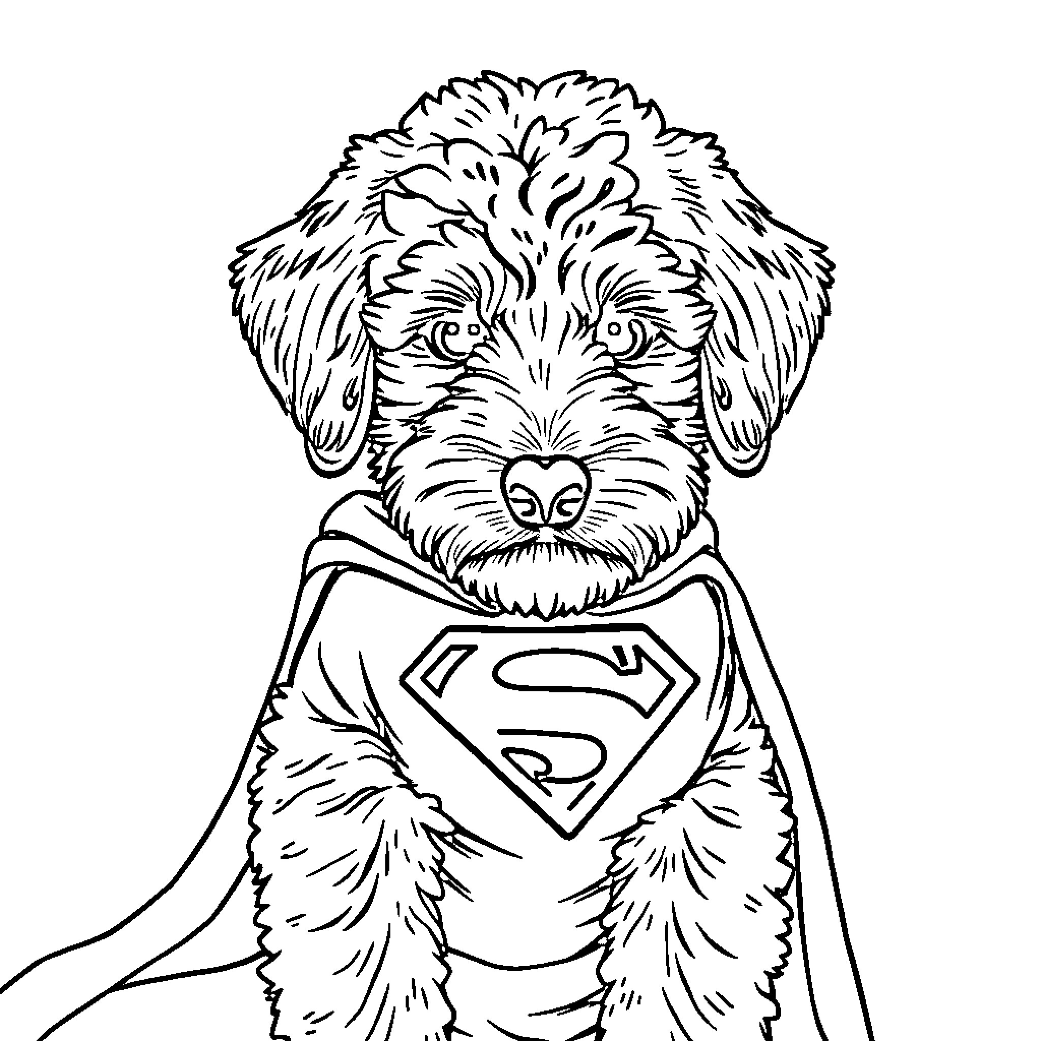 Labradoodle superhero in action Coloring Page (free black-and-white line drawing printable PDF for all, from beginners to advanced learners, including children, teens, adults, and seniors)