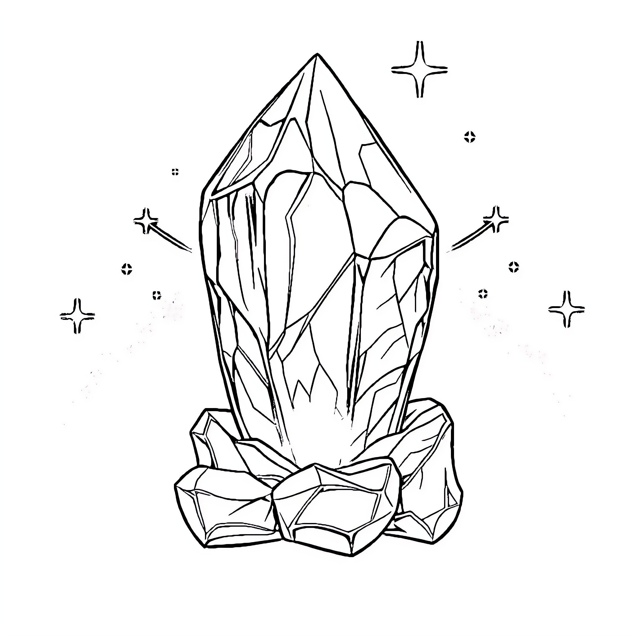 Crystal Gemstone with Sparkling Stars Coloring Page (free black-and-white line drawing printable PDF for all, from beginners to advanced learners, including children, teens, adults, and seniors)