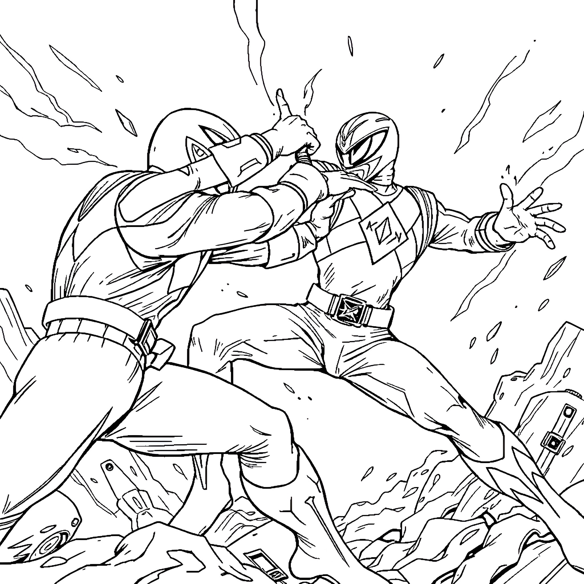Power Rangers in epic battle against foes Coloring Page (free black-and-white line drawing printable PDF for all, from beginners to advanced learners, including children, teens, adults, and seniors)