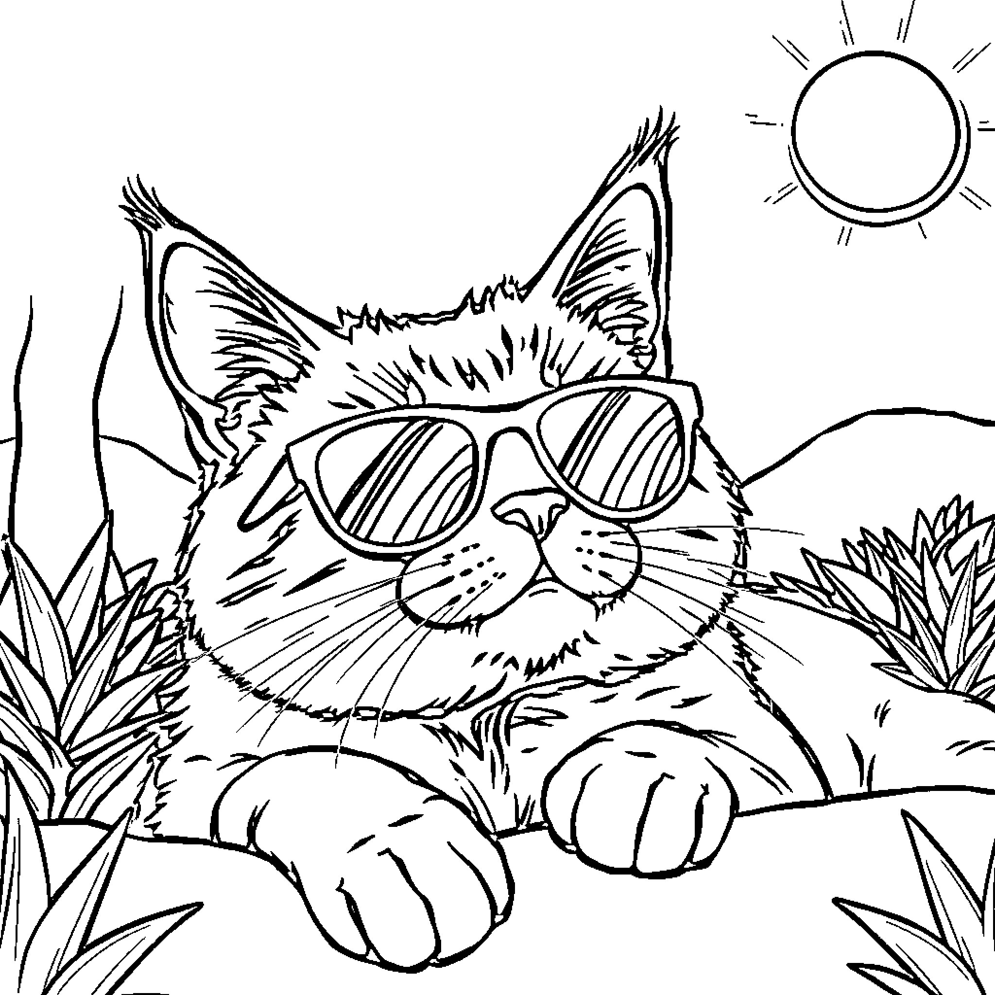 Cat relaxing in the sunshine with sunglasses Coloring Page (free black-and-white line drawing printable PDF for all, from beginners to advanced learners, including children, teens, adults, and seniors)