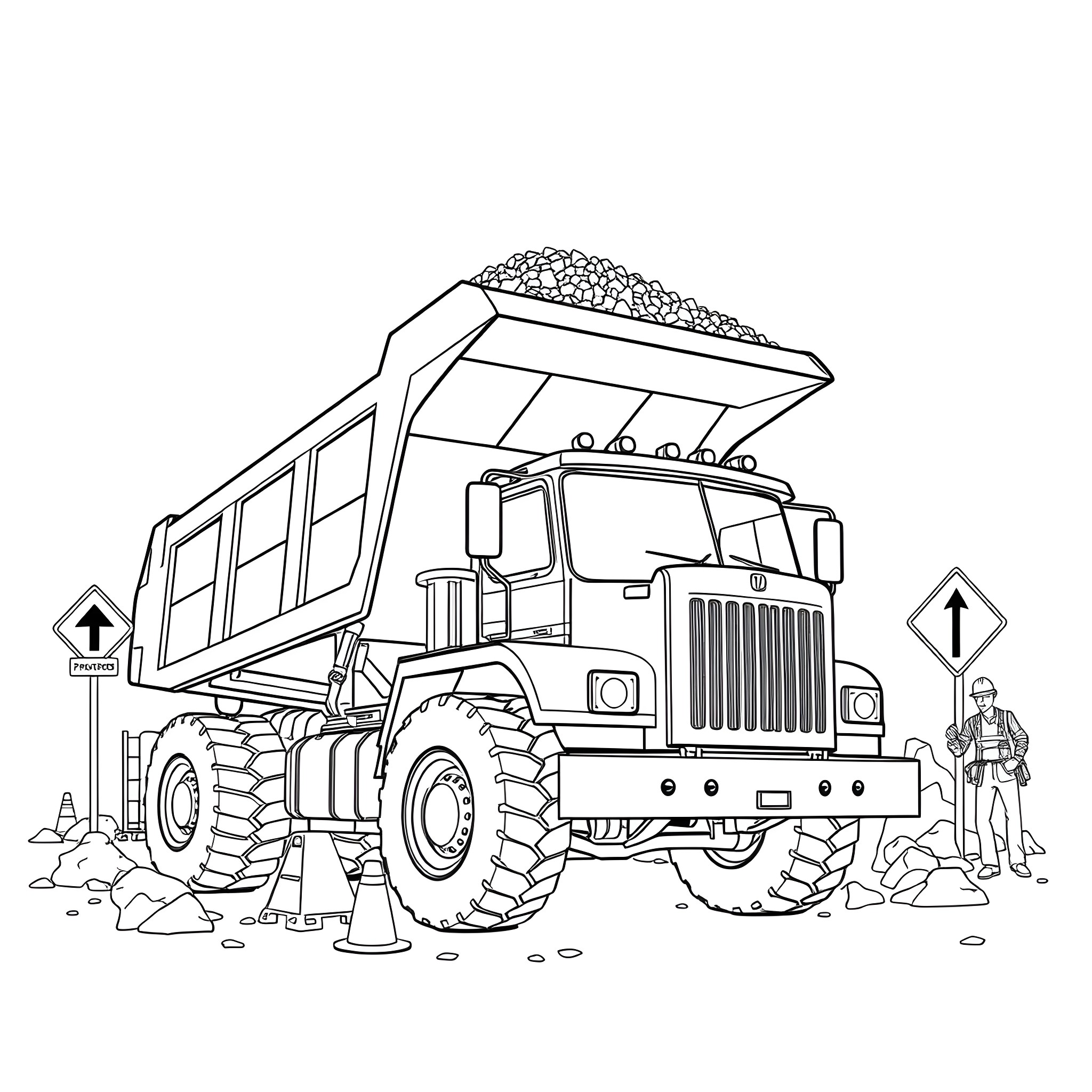 Dump Truck Hauling Construction Materials on the Job Site Coloring Page (free black-and-white line drawing printable PDF for all, from beginners to advanced learners, including children, teens, adults, and seniors)