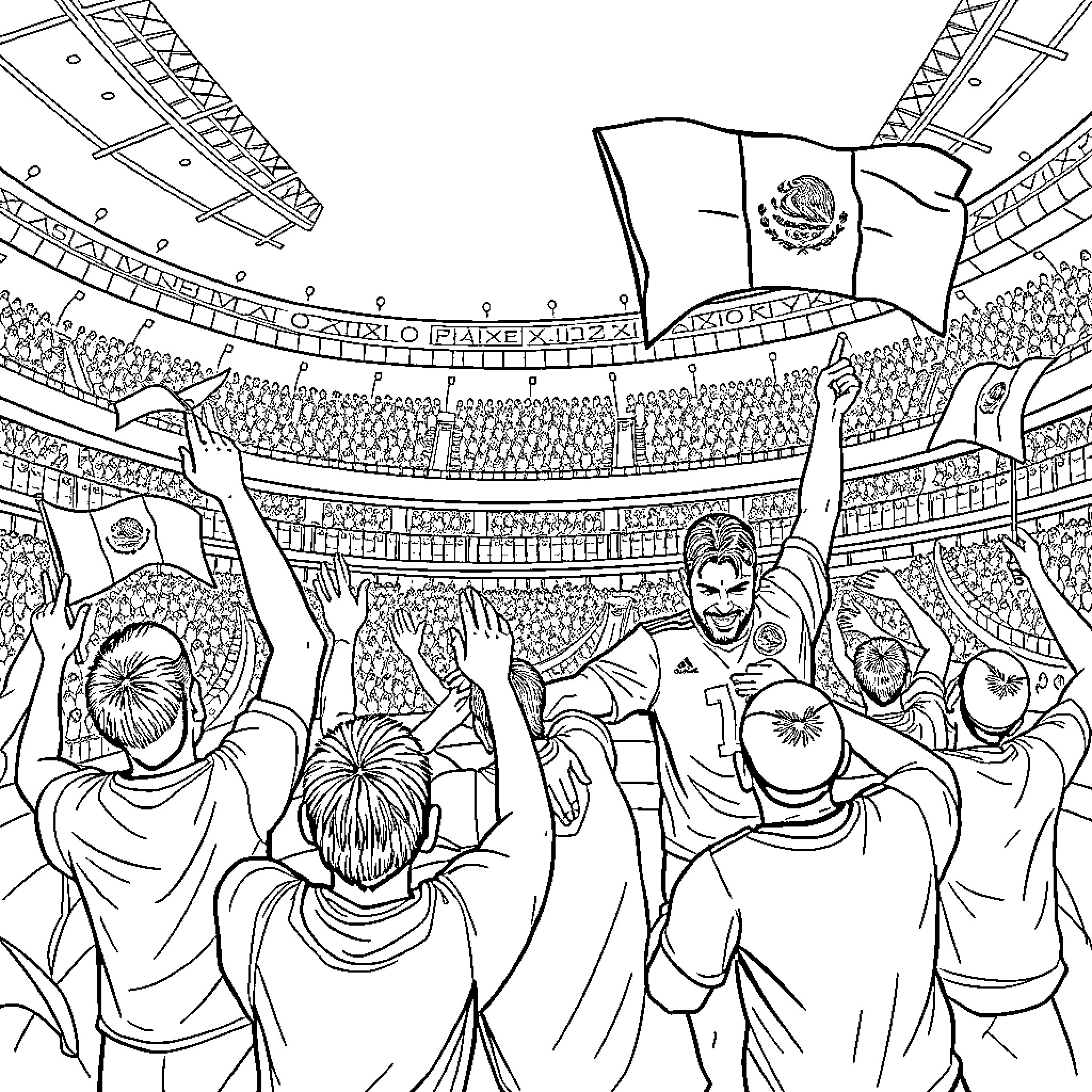 Mexico Fans Celebrating in a Lively Soccer Stadium Coloring Page (free black-and-white line drawing printable PDF for all, from beginners to advanced learners, including children, teens, adults, and seniors)