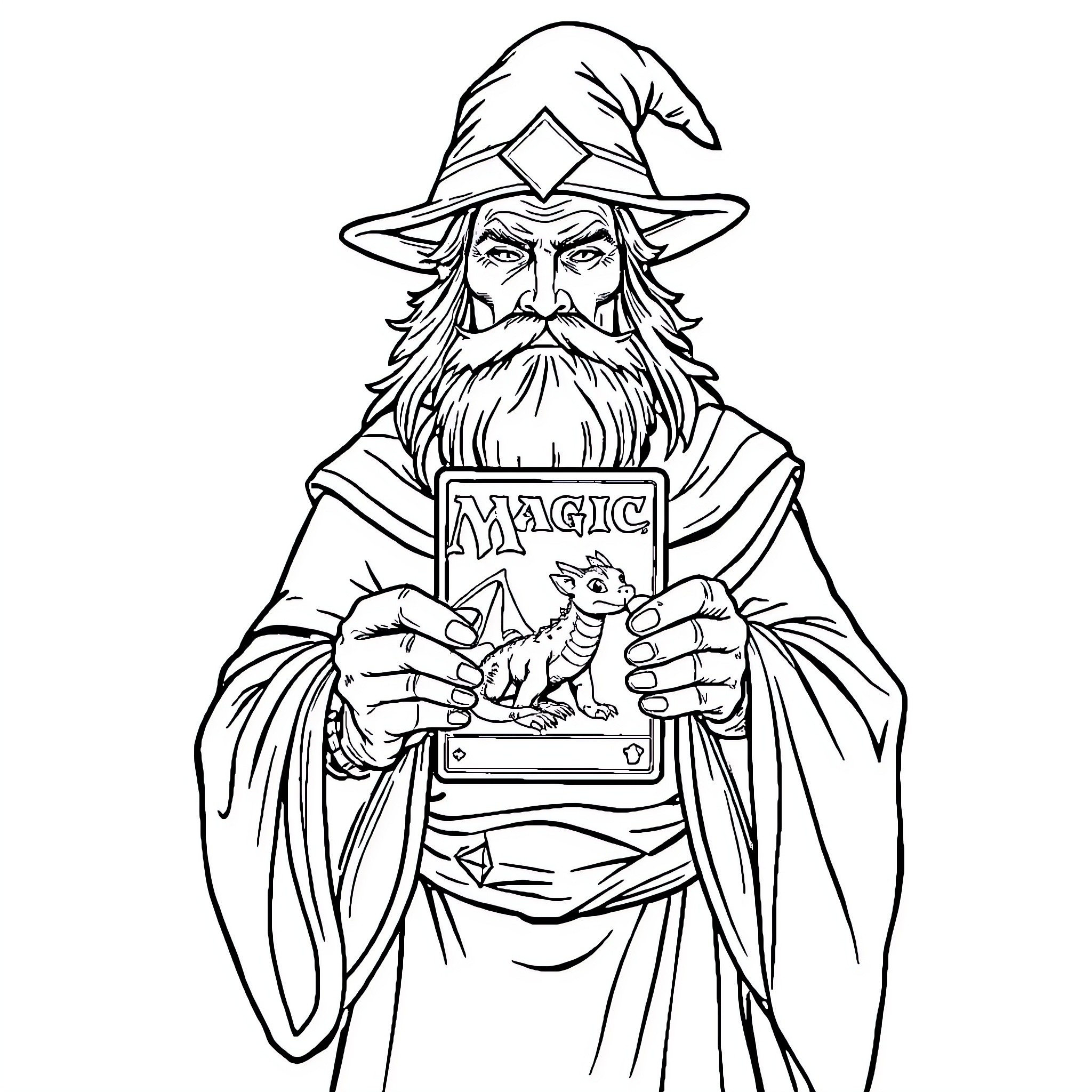 Wizard holding a magic book with creature Coloring Page (free black-and-white line drawing printable PDF for all, from beginners to advanced learners, including children, teens, adults, and seniors)