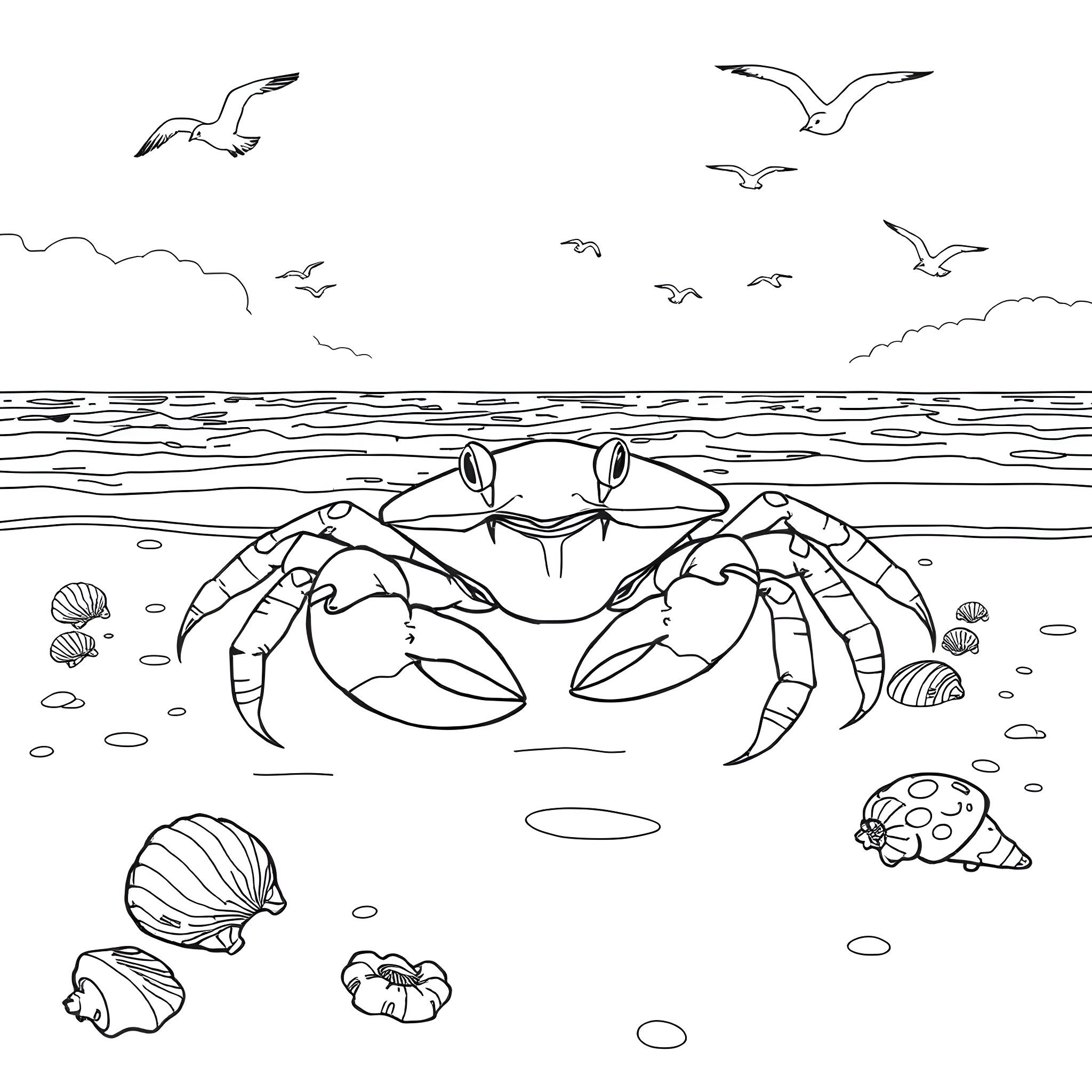 Crab exploring the seashore with seagulls Coloring Page (free black-and-white line drawing printable PDF for all, from beginners to advanced learners, including children, teens, adults, and seniors)