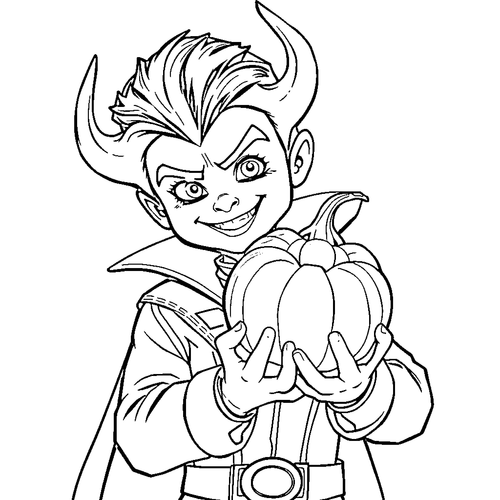Kid Loki's Mischievous Pumpkin Antics Coloring Page (free black-and-white line drawing printable PDF for all, from beginners to advanced learners, including children, teens, adults, and seniors)