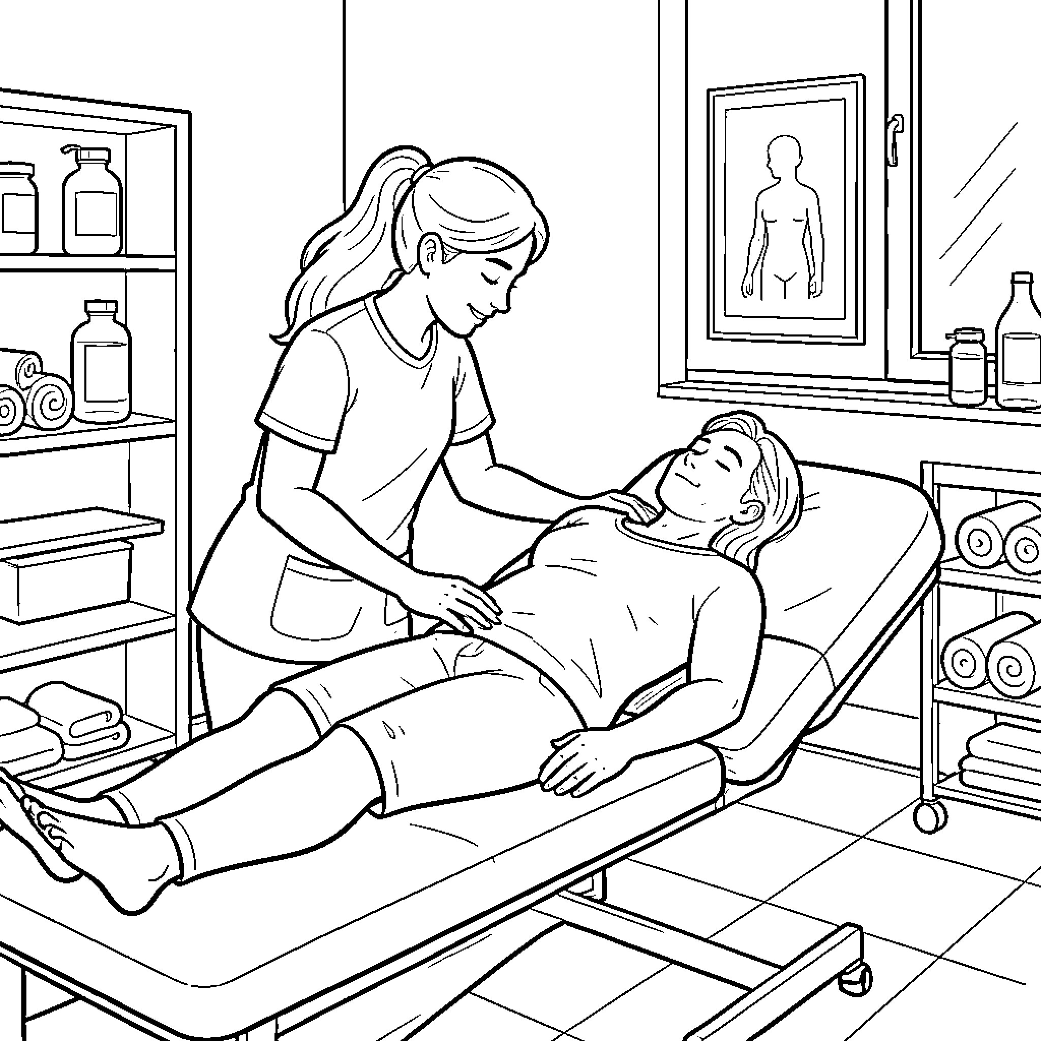 Physiotherapist providing treatment to patient Coloring Page (free black-and-white line drawing printable PDF for all, from beginners to advanced learners, including children, teens, adults, and seniors)