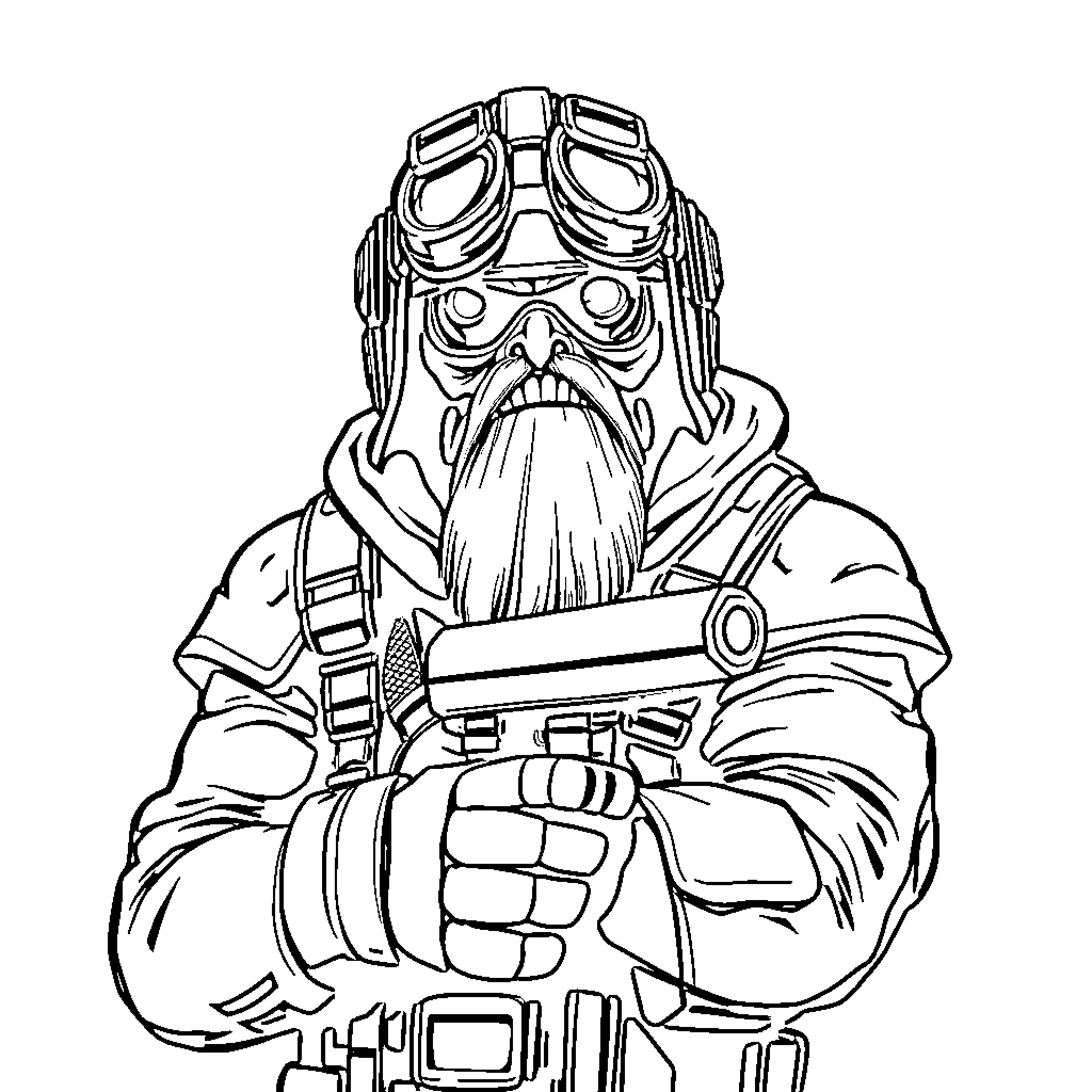 Goon with futuristic gear and weapon Coloring Page (free black-and-white line drawing printable PDF for all, from beginners to advanced learners, including children, teens, adults, and seniors)