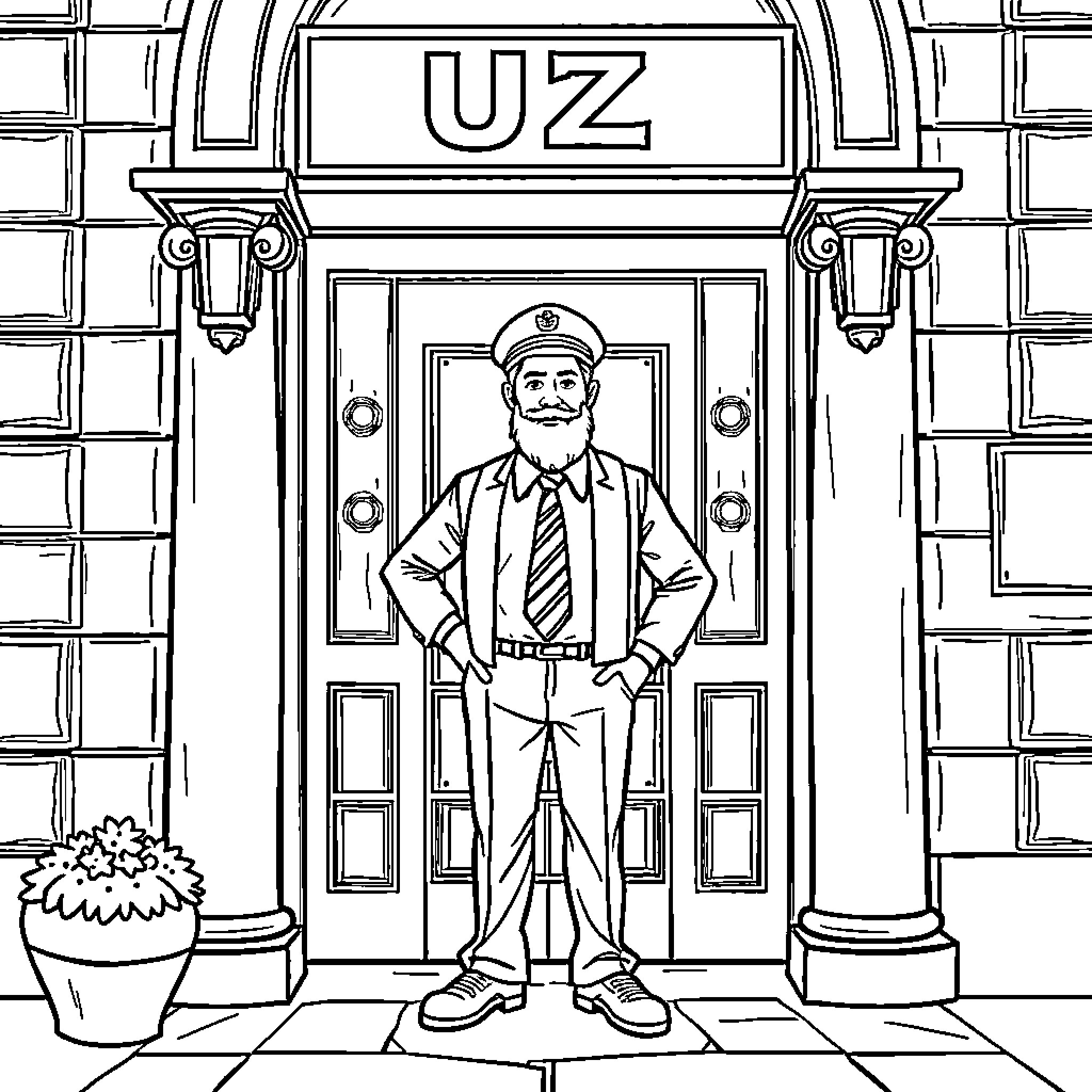 Doorman standing in front of office entrance Coloring Page (free black-and-white line drawing printable PDF for all, from beginners to advanced learners, including children, teens, adults, and seniors)
