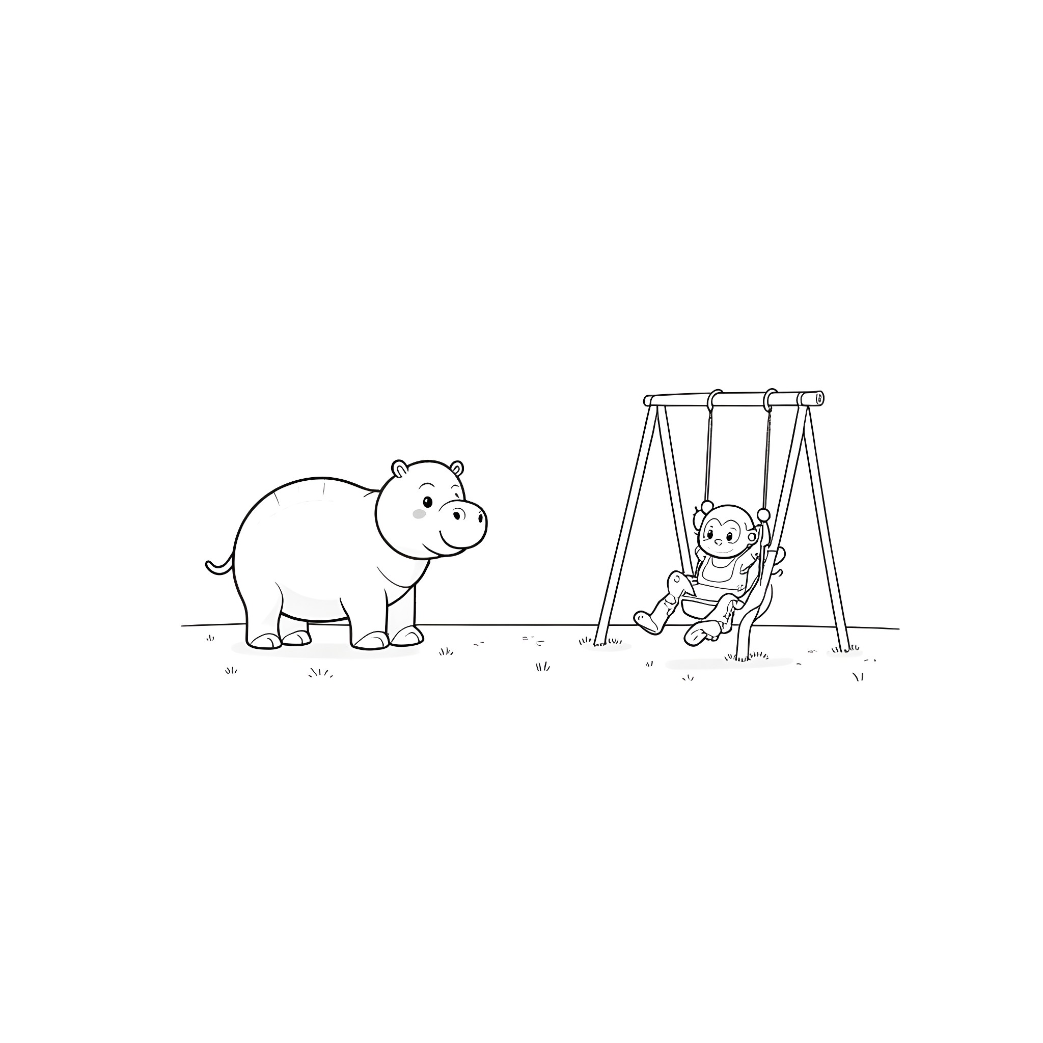Hippopotamus and child playing on swing Coloring Page (free black-and-white line drawing printable PDF for all, from beginners to advanced learners, including children, teens, adults, and seniors)