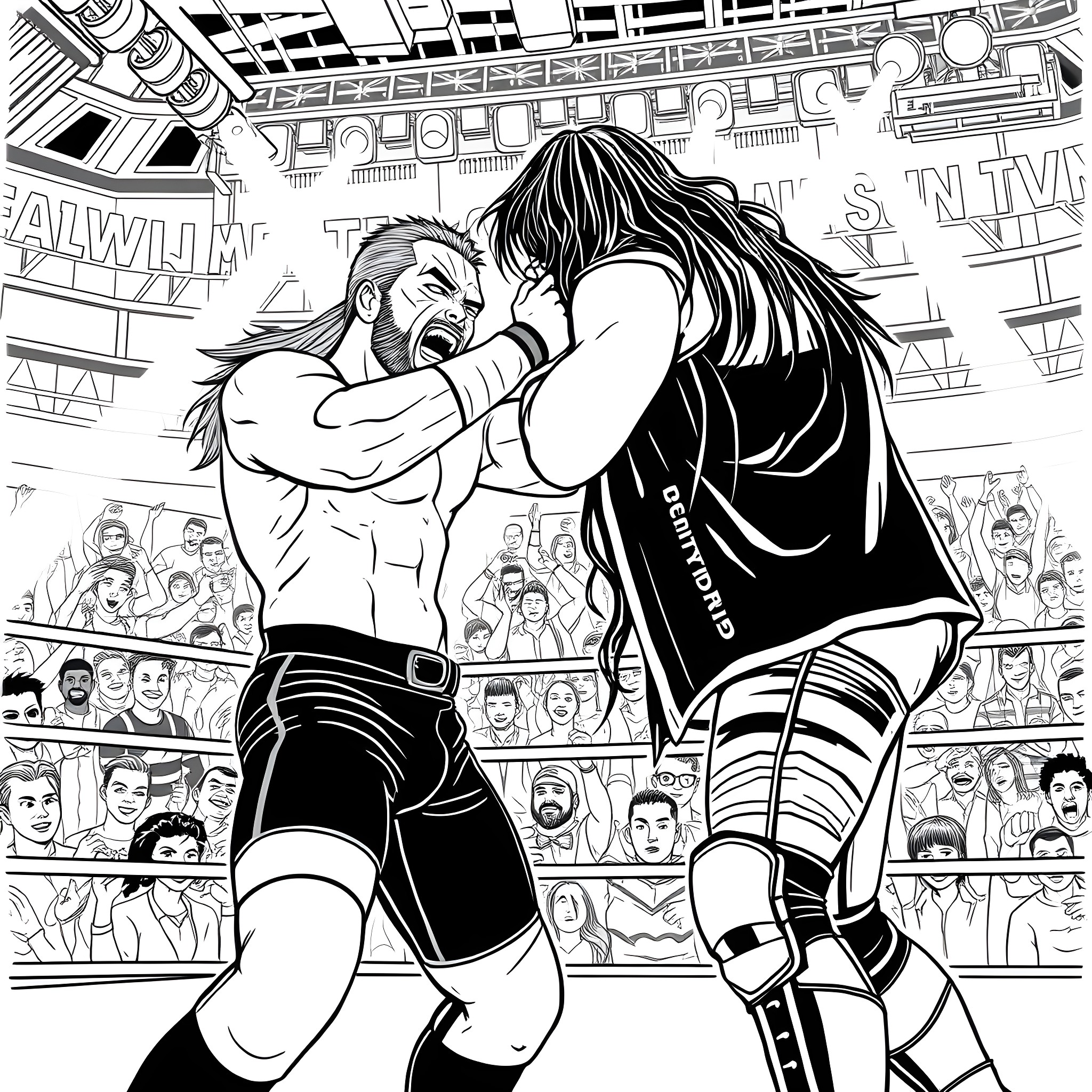 Jey Uso's Intense Wrestling Match in the Ring Coloring Page (free black-and-white line drawing printable PDF for all, from beginners to advanced learners, including children, teens, adults, and seniors)