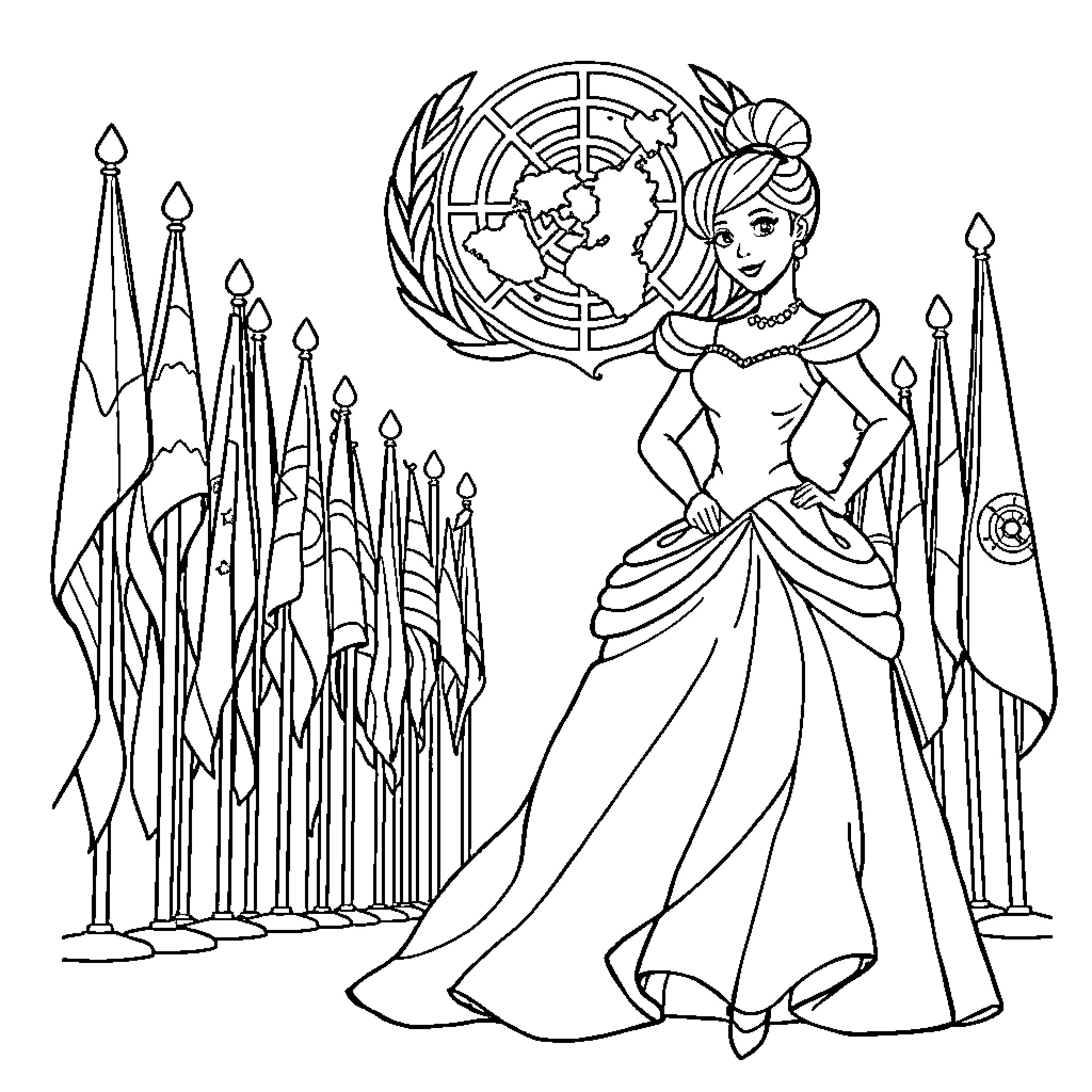 Cinderella at the United Nations Headquarters Coloring Page (free black-and-white line drawing printable PDF for all, from beginners to advanced learners, including children, teens, adults, and seniors)