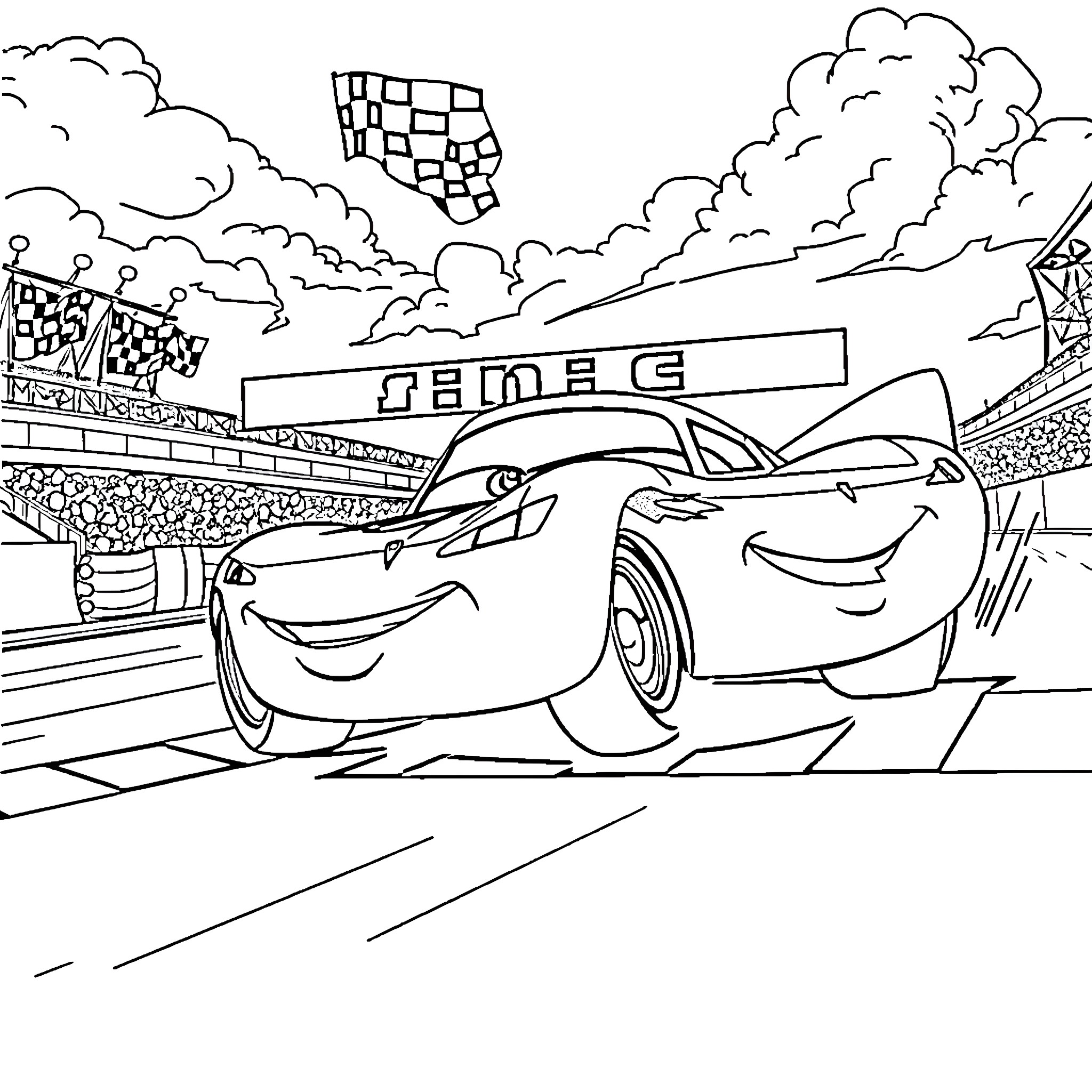 Lightning McQueen racing on the track Coloring Page (free black-and-white line drawing printable PDF for all, from beginners to advanced learners, including children, teens, adults, and seniors)