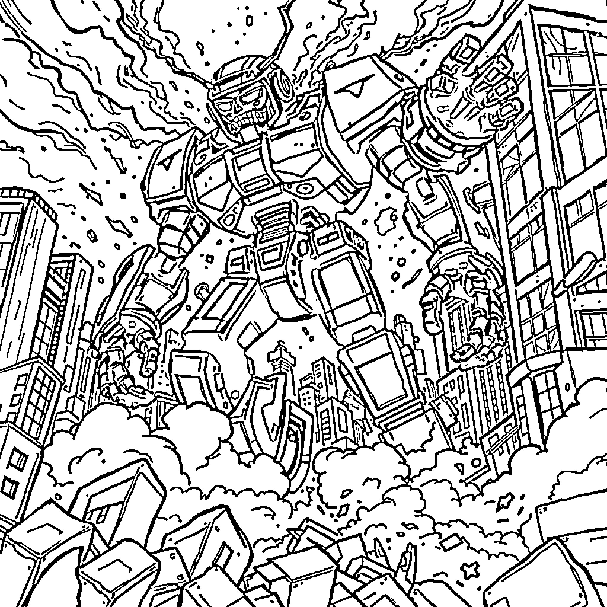 Robot Battling Fiercely in Cityscape Chaos Coloring Page (free black-and-white line drawing printable PDF for all, from beginners to advanced learners, including children, teens, adults, and seniors)