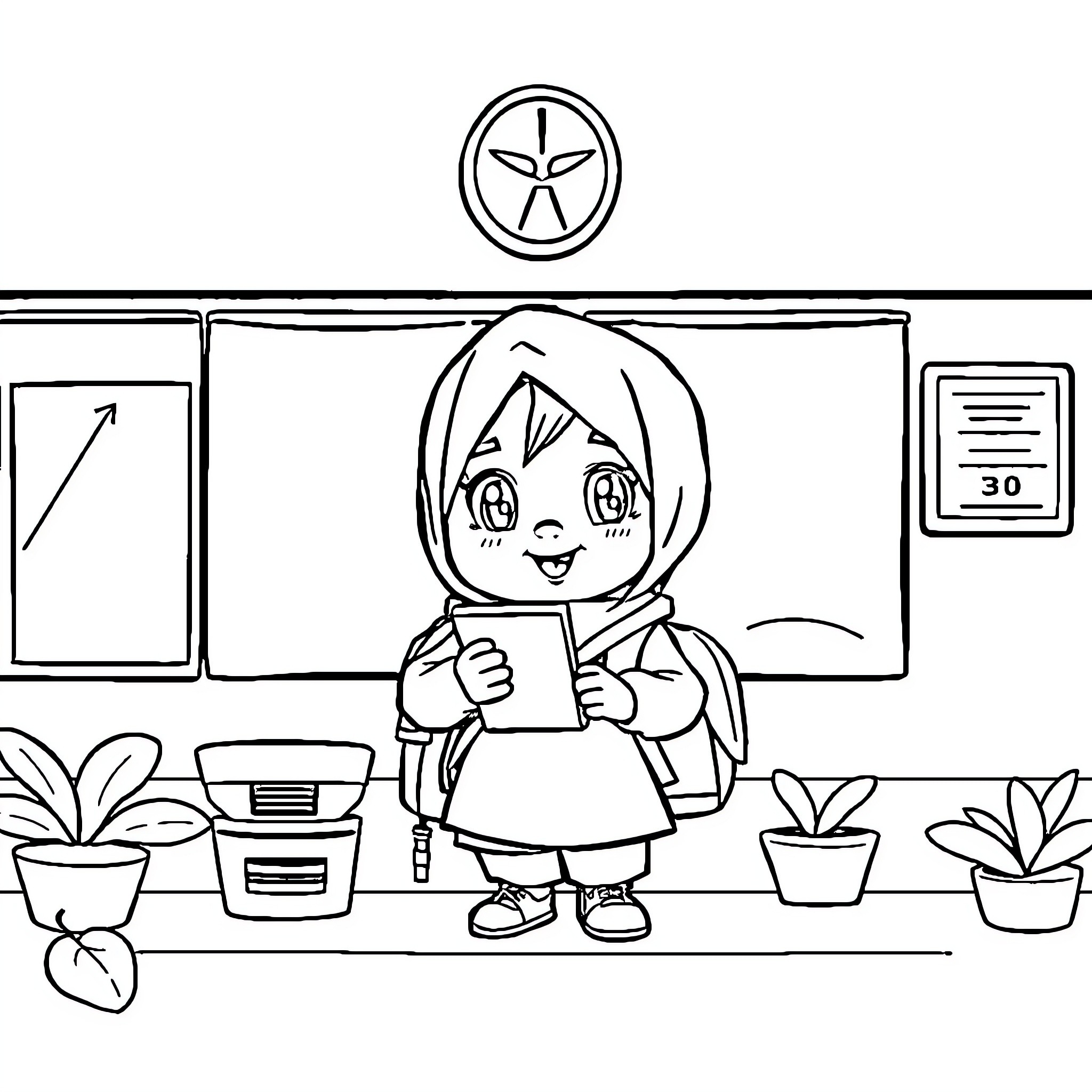 Child in classroom with books and plants Coloring Page (free black-and-white line drawing printable PDF for all, from beginners to advanced learners, including children, teens, adults, and seniors)