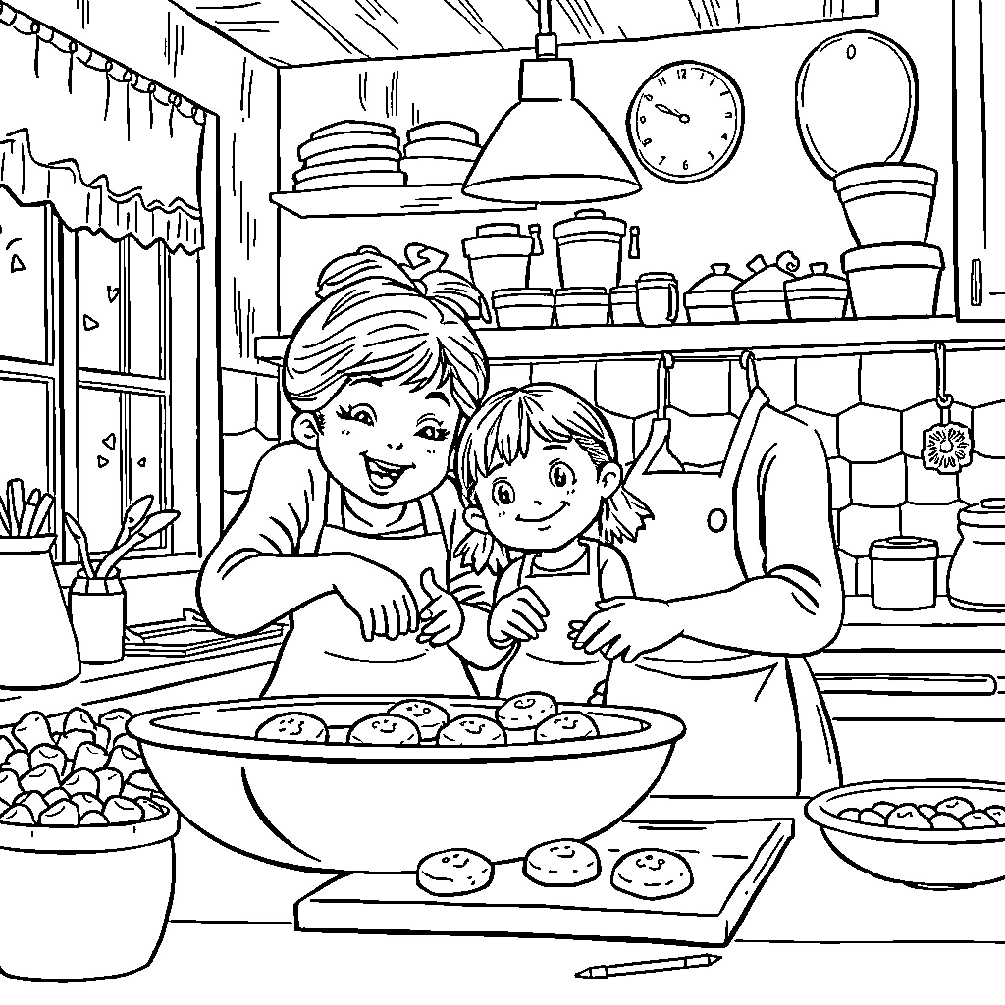 Girl and child baking in kitchen Coloring Page (free black-and-white line drawing printable PDF for all, from beginners to advanced learners, including children, teens, adults, and seniors)