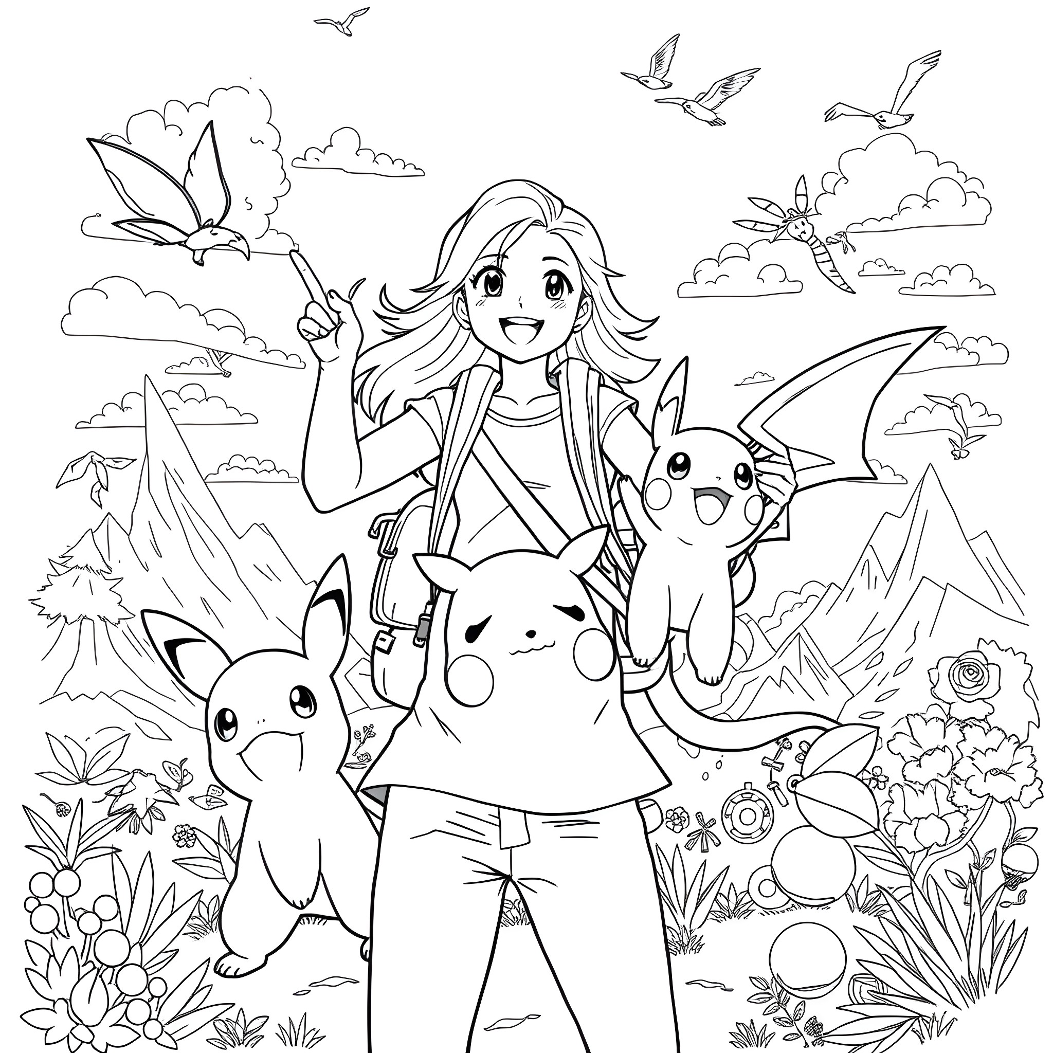 Woman Exploring Nature with Pokémon Companions Coloring Page (free black-and-white line drawing printable PDF for all, from beginners to advanced learners, including children, teens, adults, and seniors)