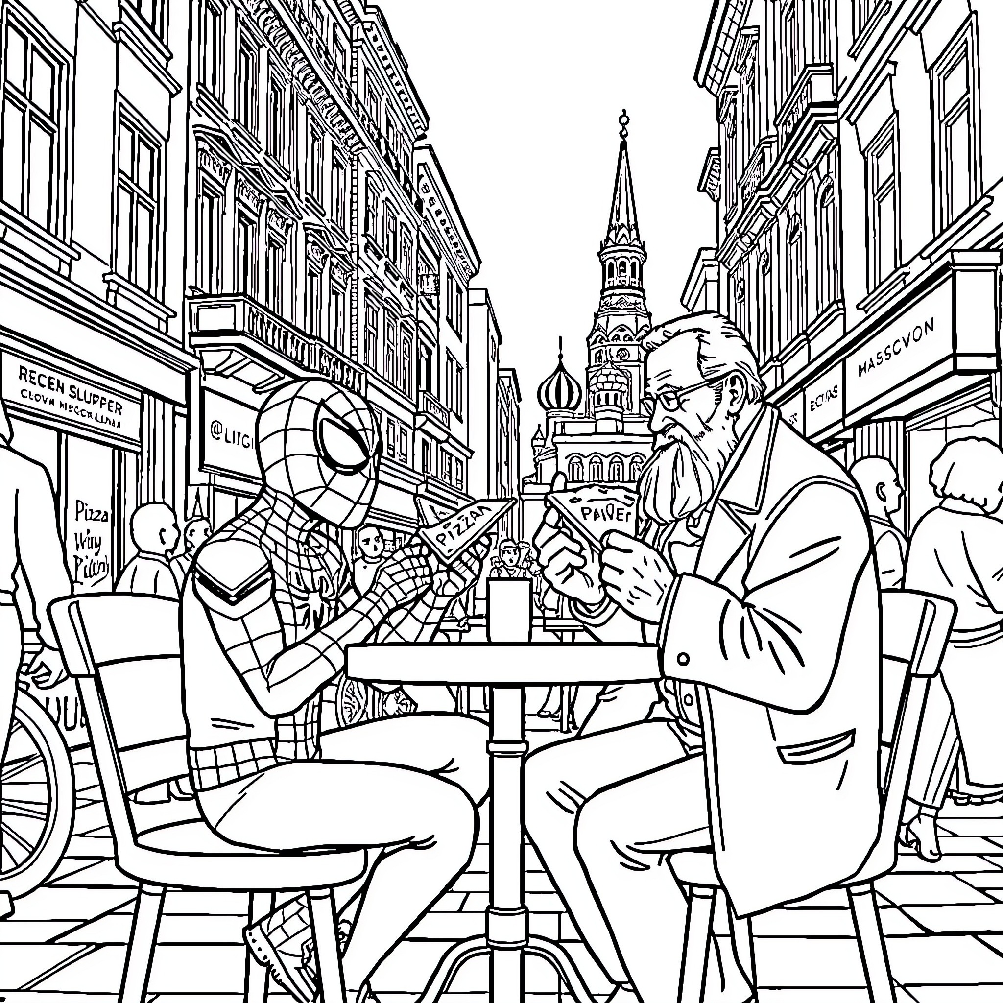 Spider-Man Meets with a Man in a City Coloring Page (free black-and-white line drawing printable PDF for all, from beginners to advanced learners, including children, teens, adults, and seniors)