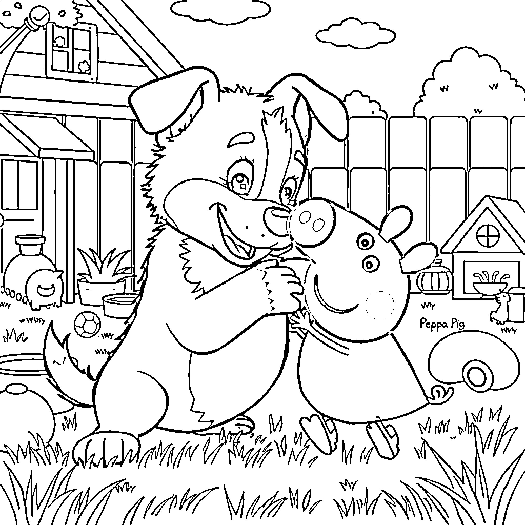 Bluey and Peppa Pig playing in the backyard Coloring Page (free black-and-white line drawing printable PDF for all, from beginners to advanced learners, including children, teens, adults, and seniors)